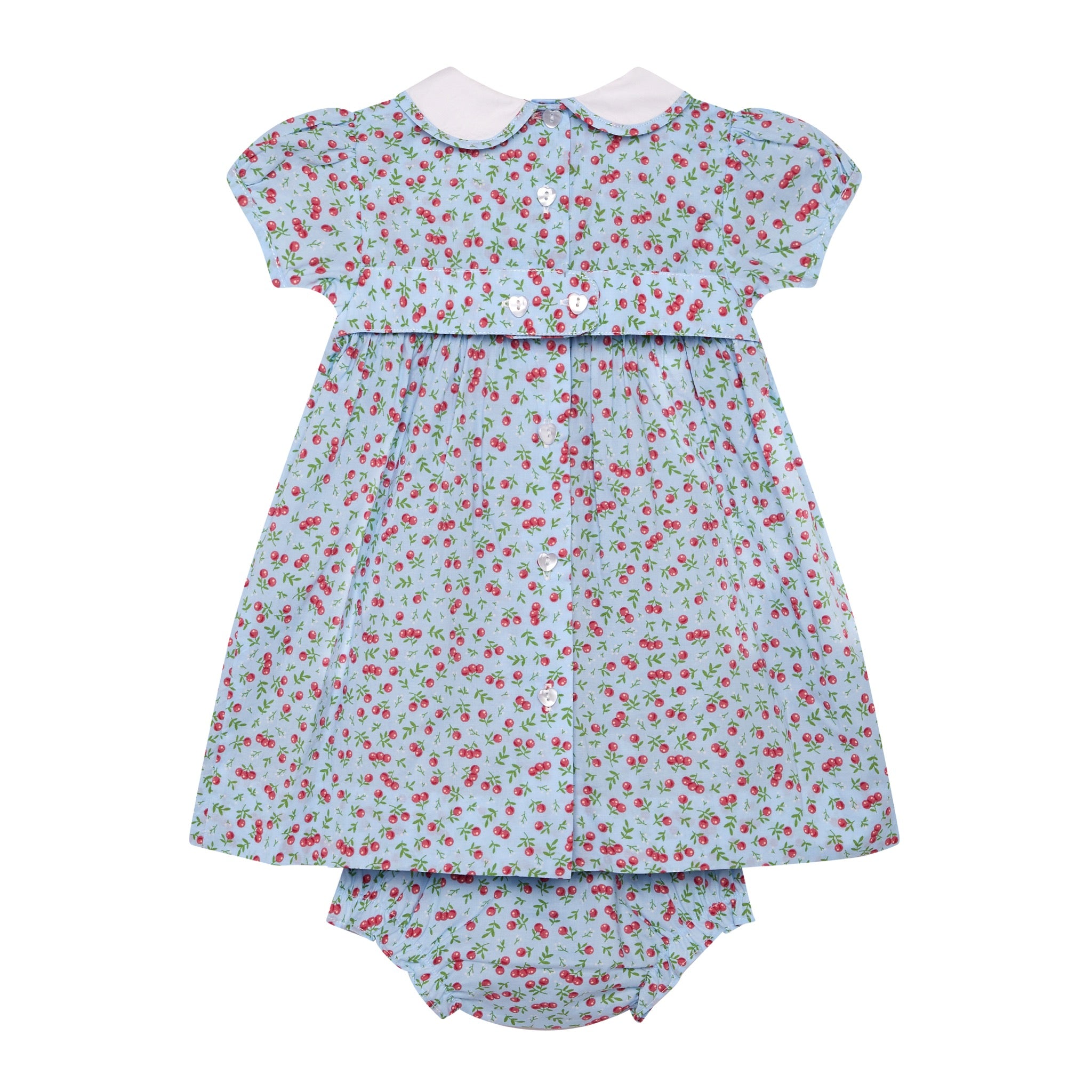 cherry print dress for baby, white collar, smocked, back