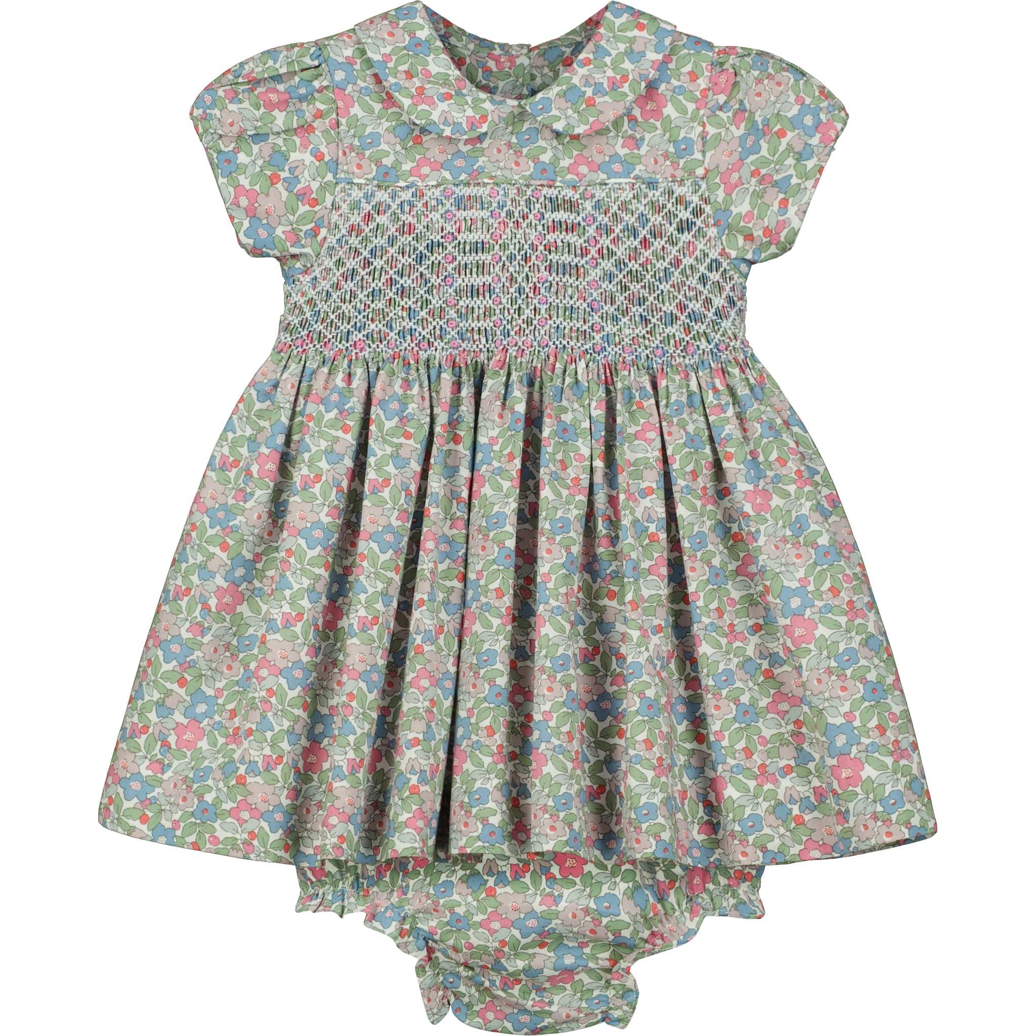 floral hand-smocked dress with bloomer, pastel , frontt
