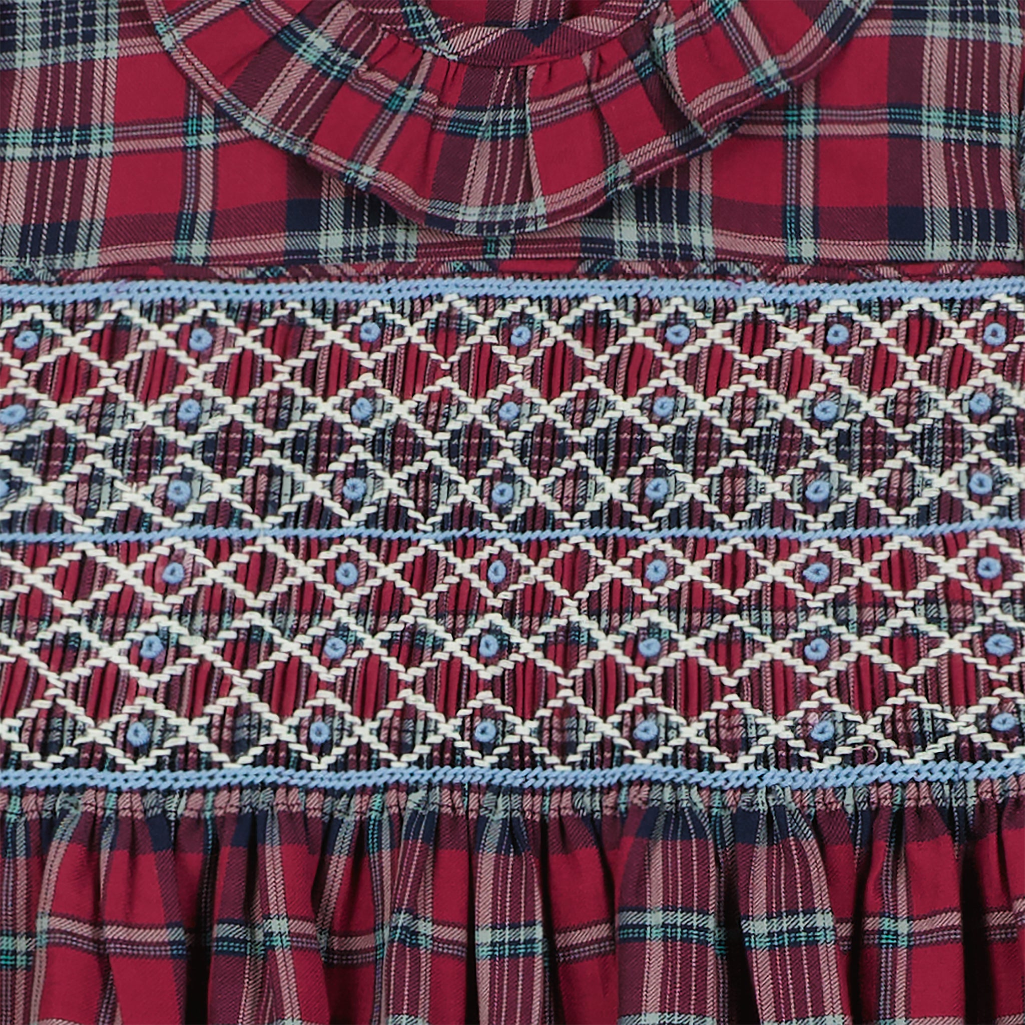 smocking on tartan dress, closeup