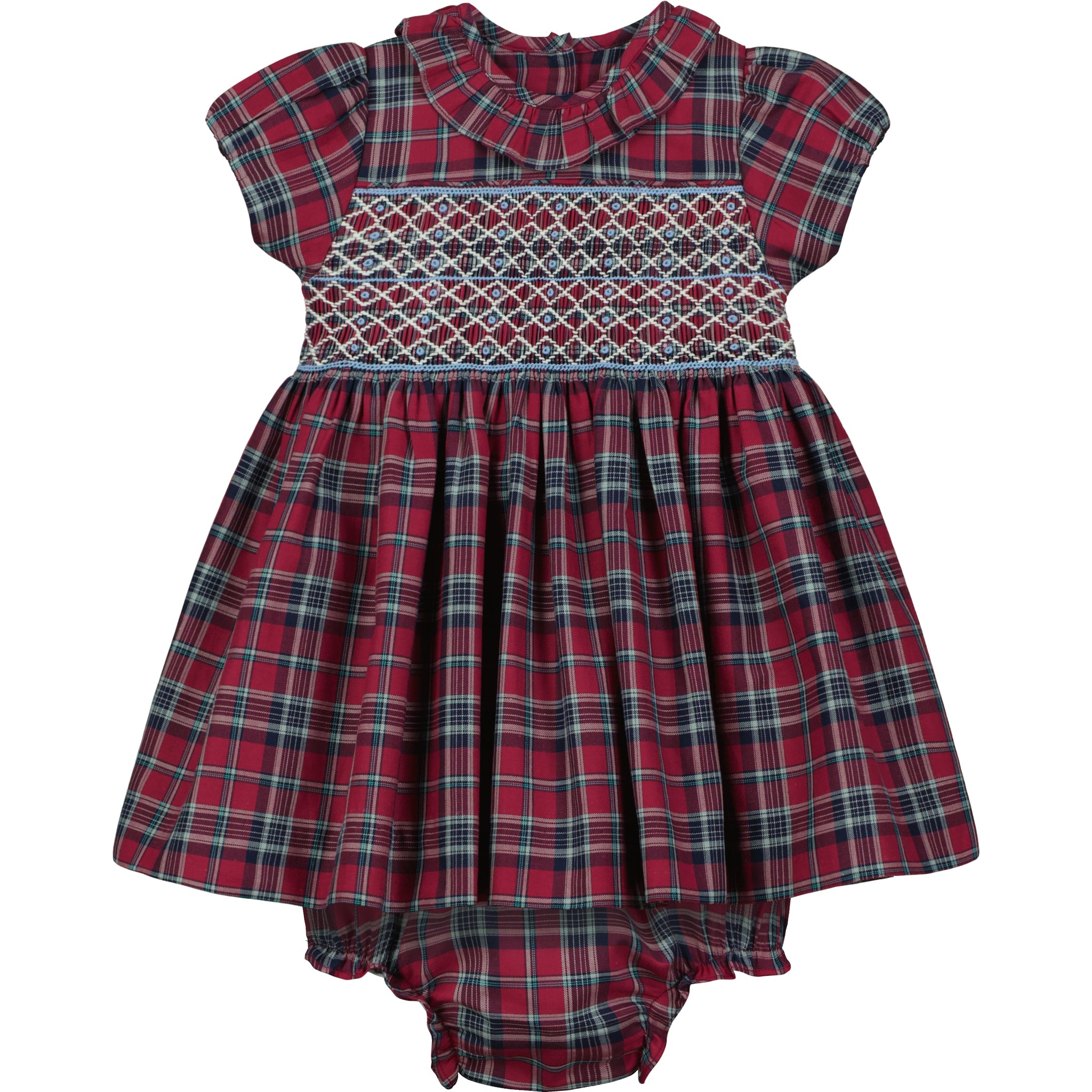 hand-smocked tartan baby dress, front