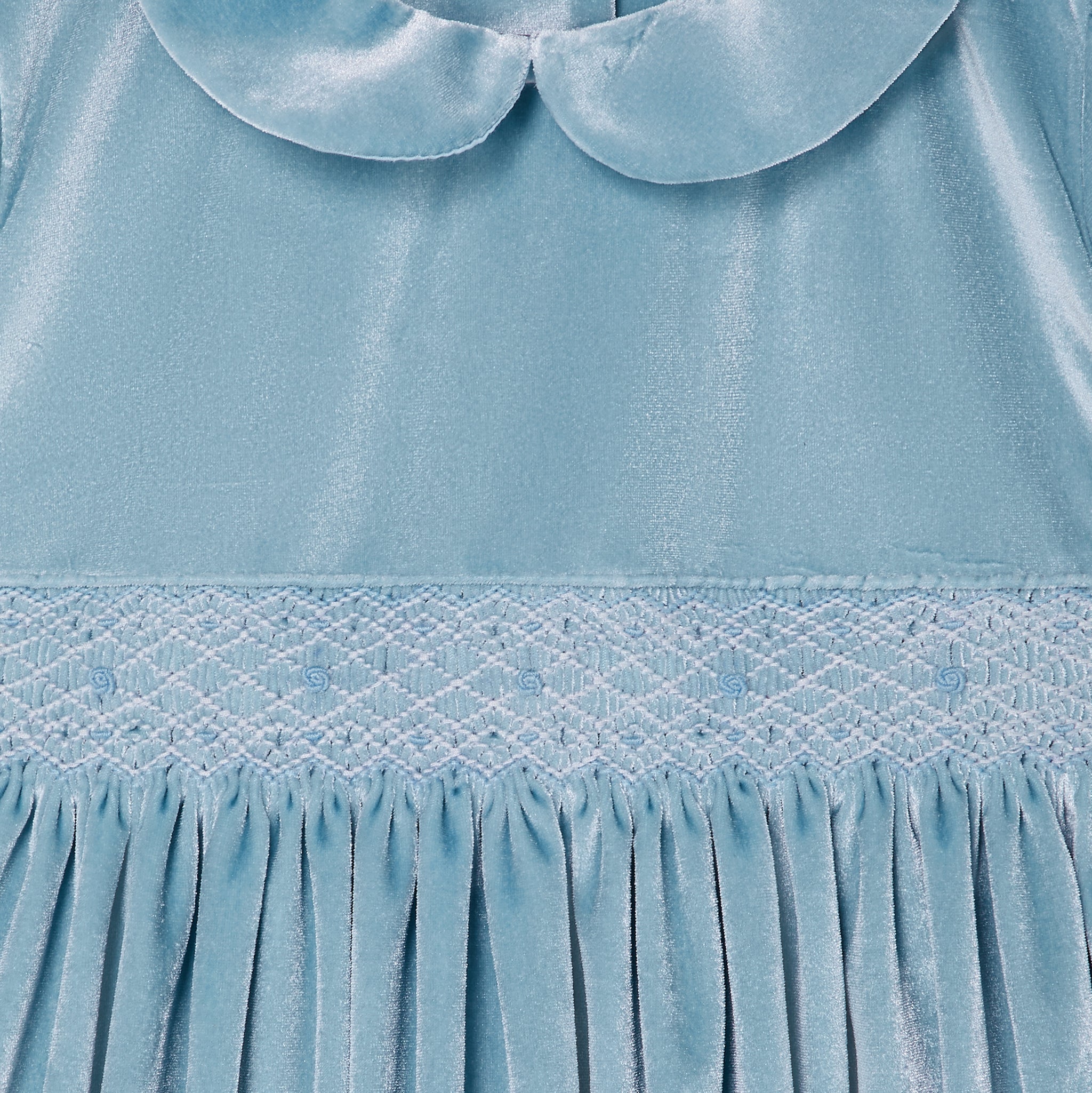 smock dress , velvet detail of smocking