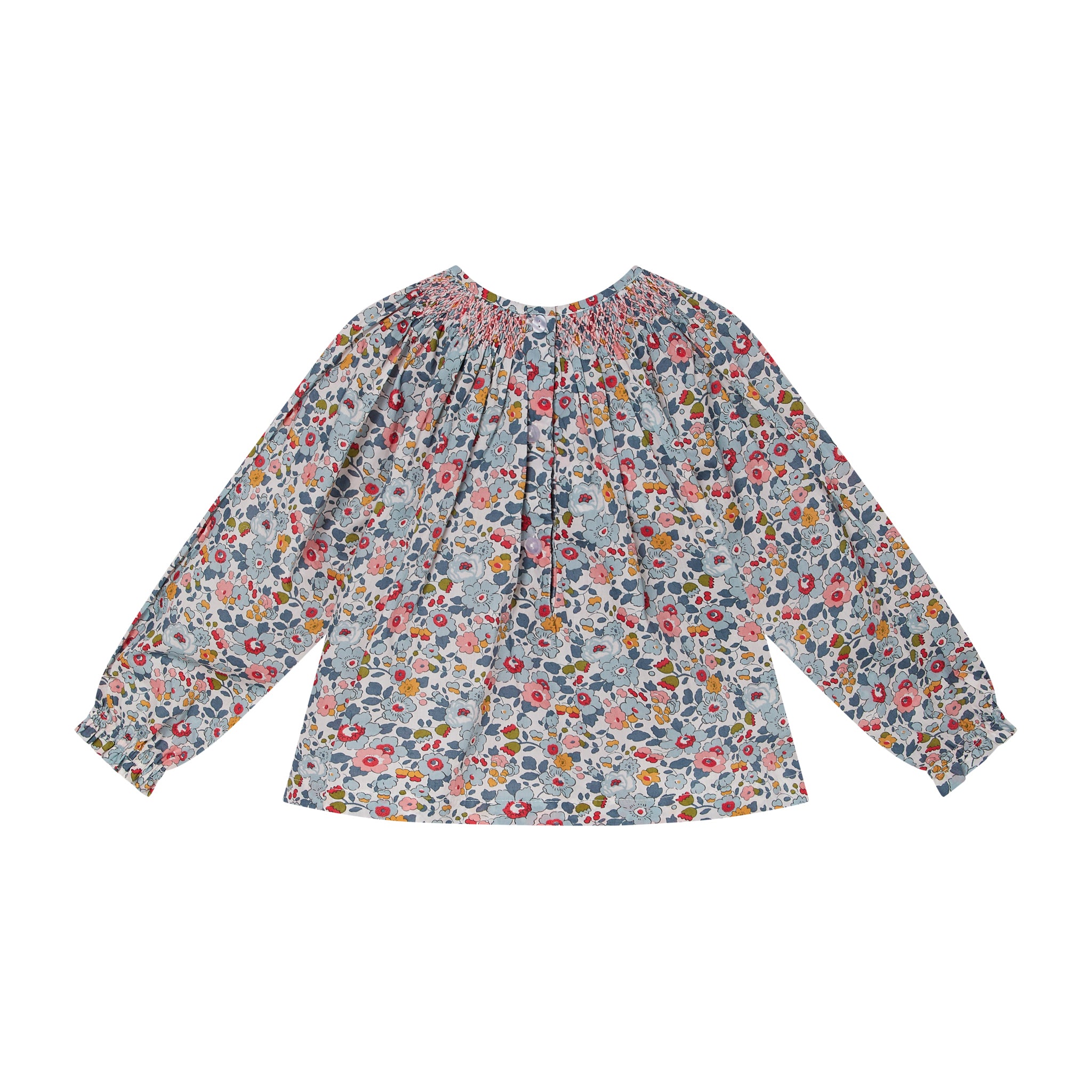 hand-smocked blouse made from Liberty Betsy fabric