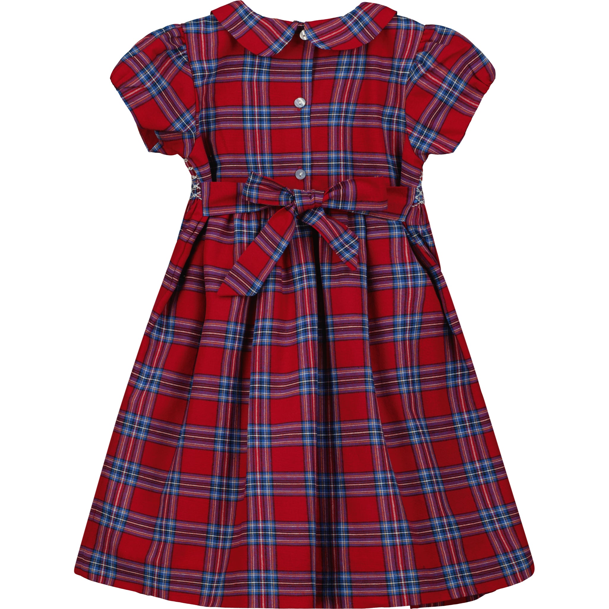 festive red and blue tartan dress with hand-smocking, back