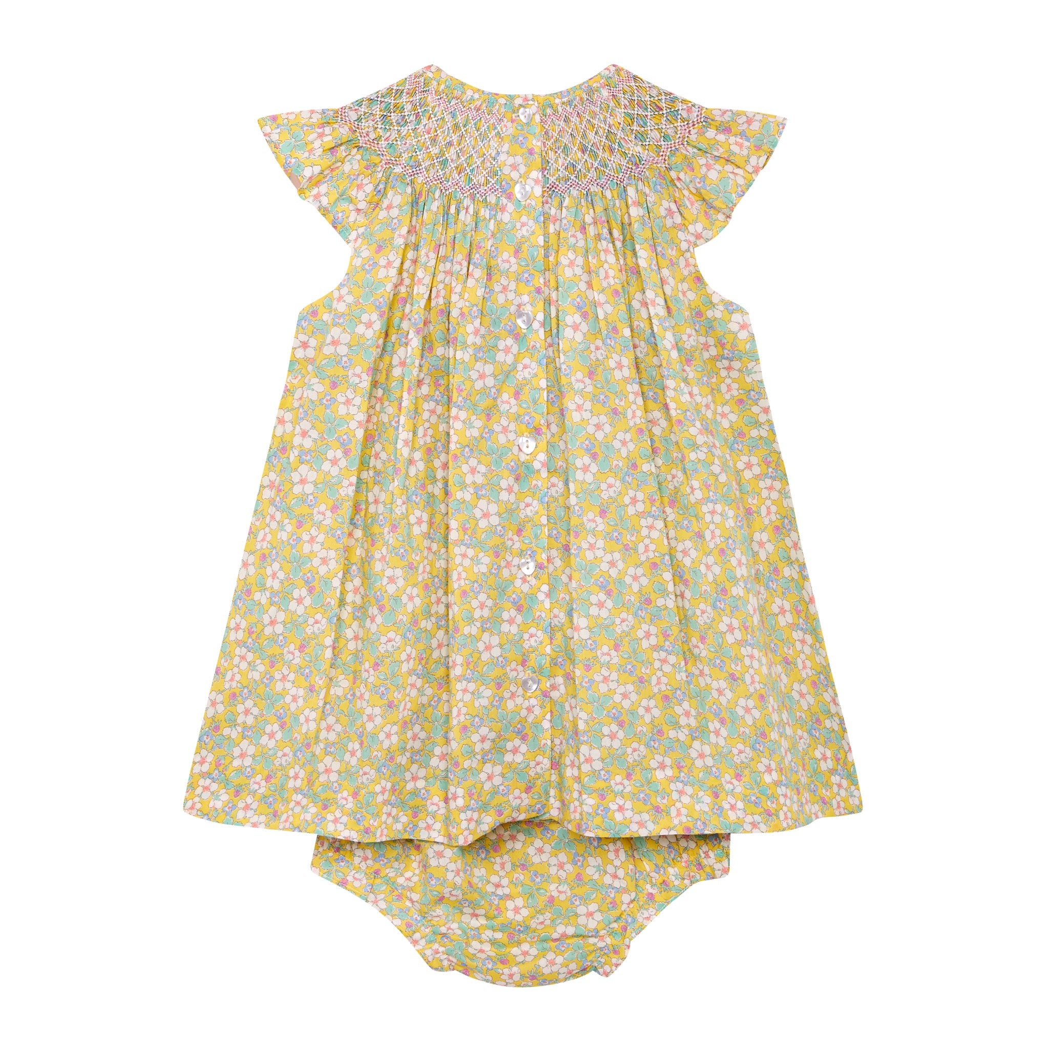 hand-smocked Liberty dress with smocking, yellow, back