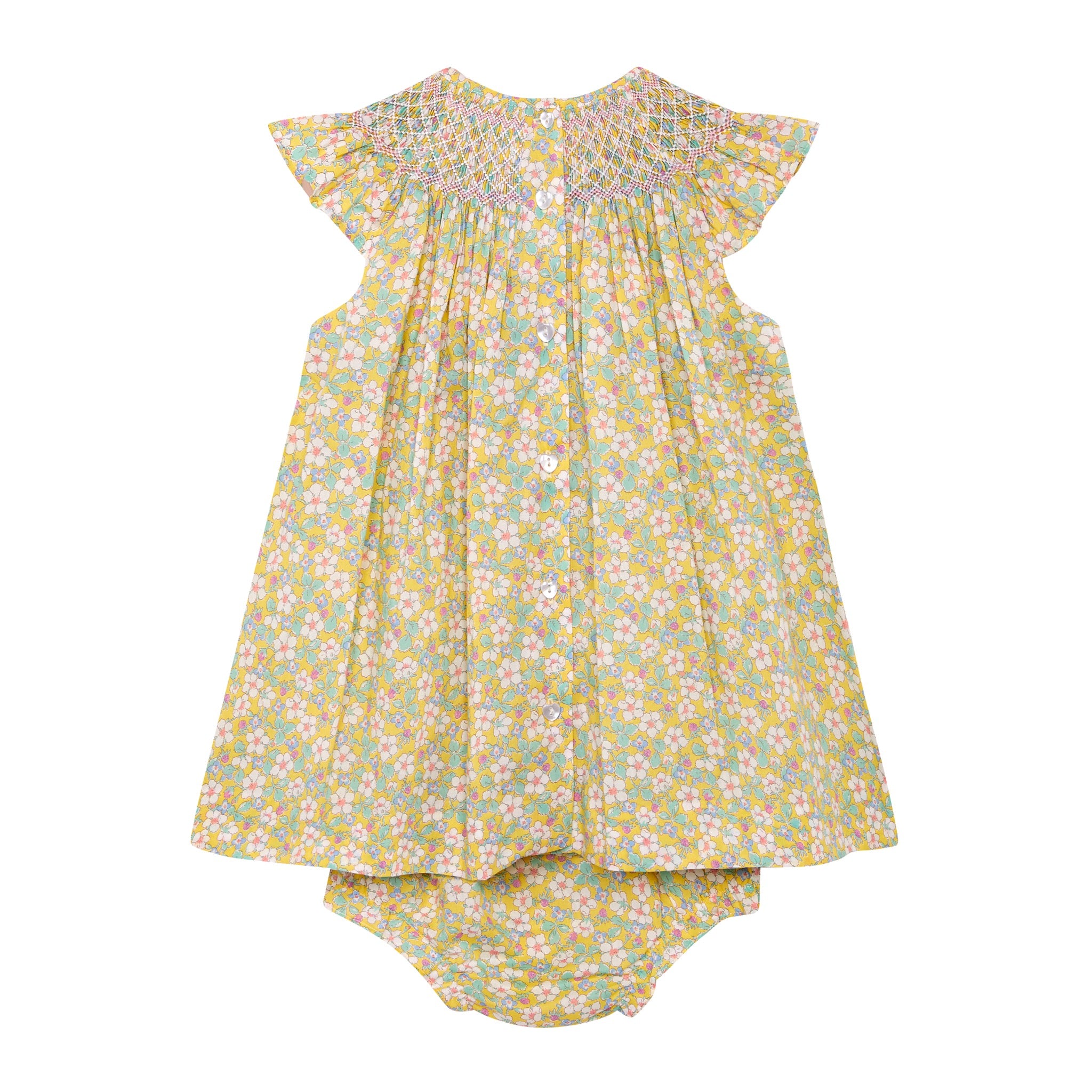 hand-smocked Liberty dress with smocking, yellow, back 