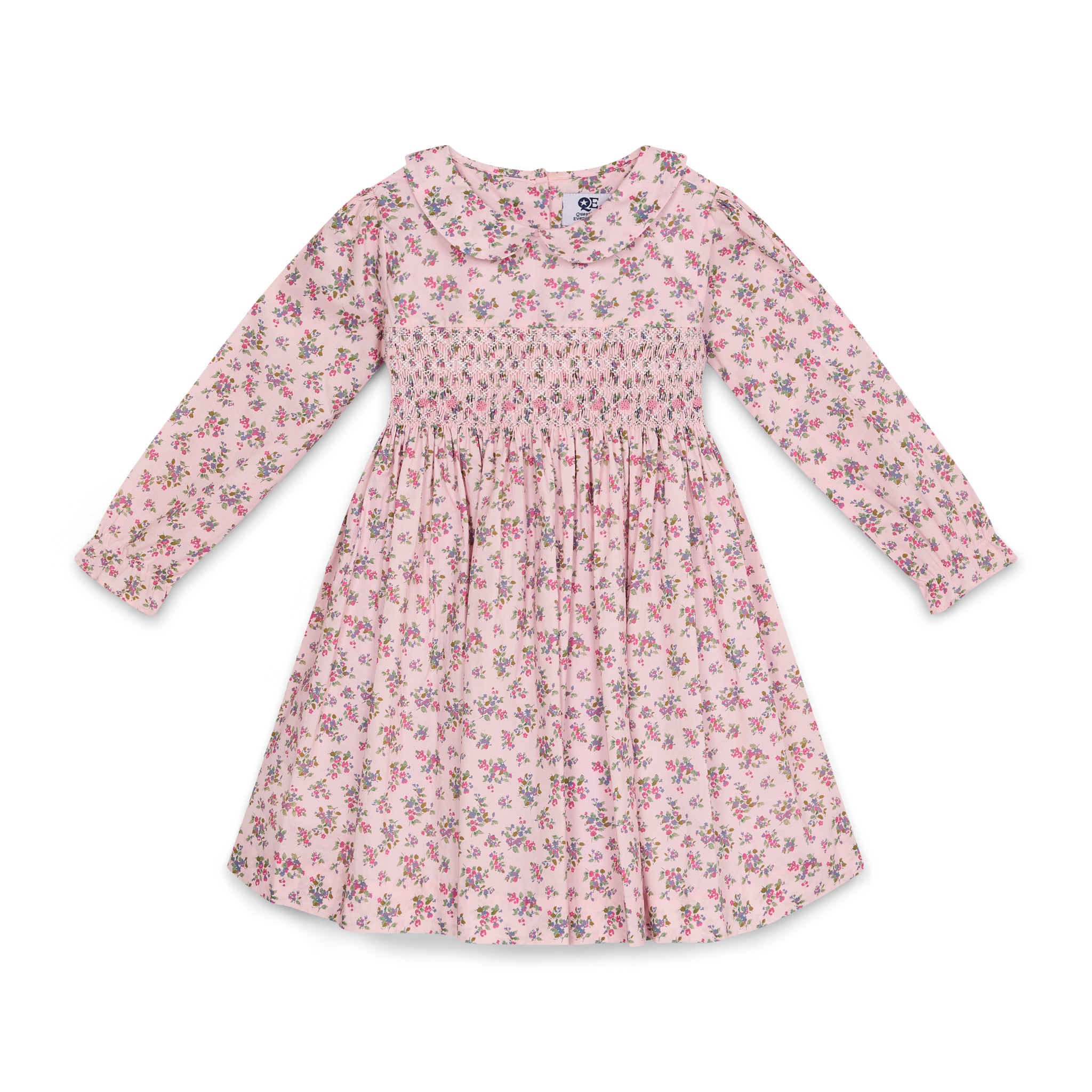 Hand-smocked floral dress with long sleeves on a white background