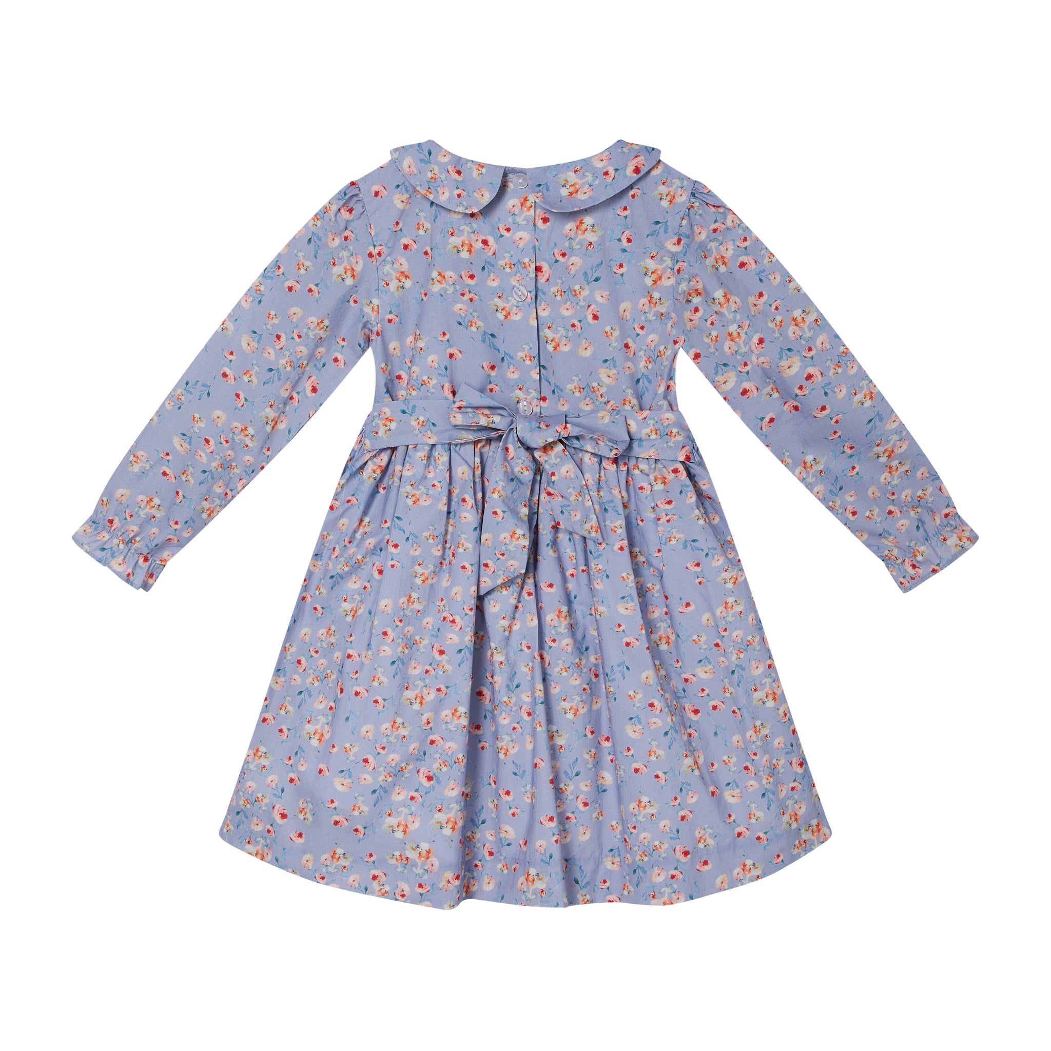 blue floral girls dress, smocked, back