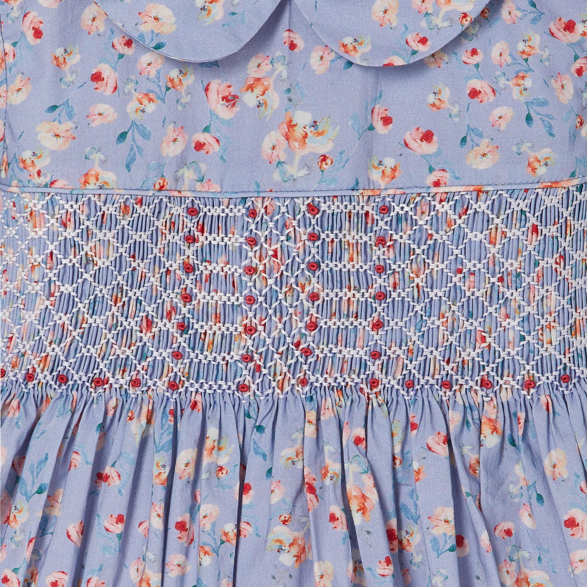blue floral girls dress, smocked, detail