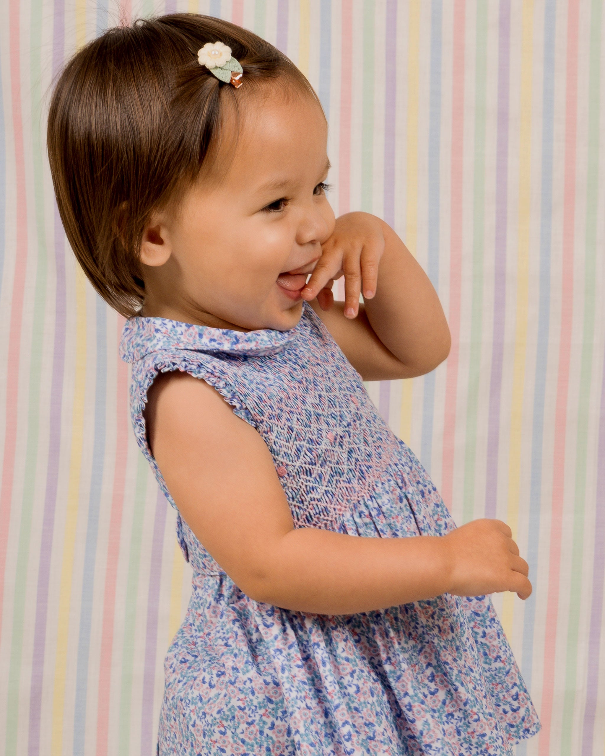 smily baby on blue smock dress, sleeveless
