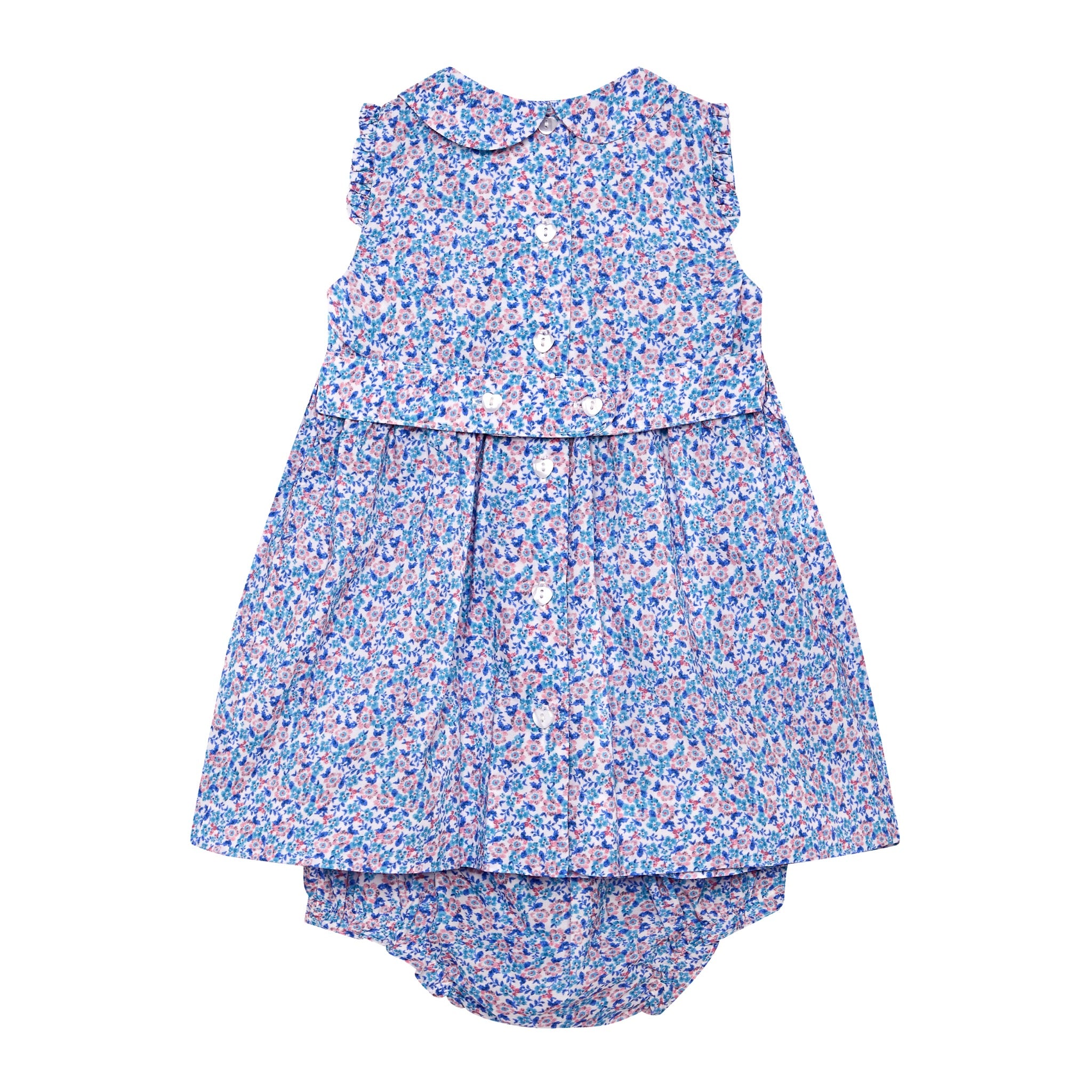 sleeveless blue floral baby dress, hand-smocked, back