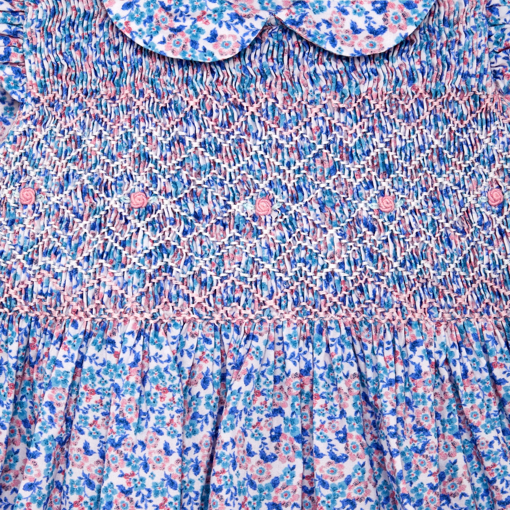 sleeveless blue floral baby dress, hand-smocked, sleeveless blue floral baby dress, hand-smocked, detail shot