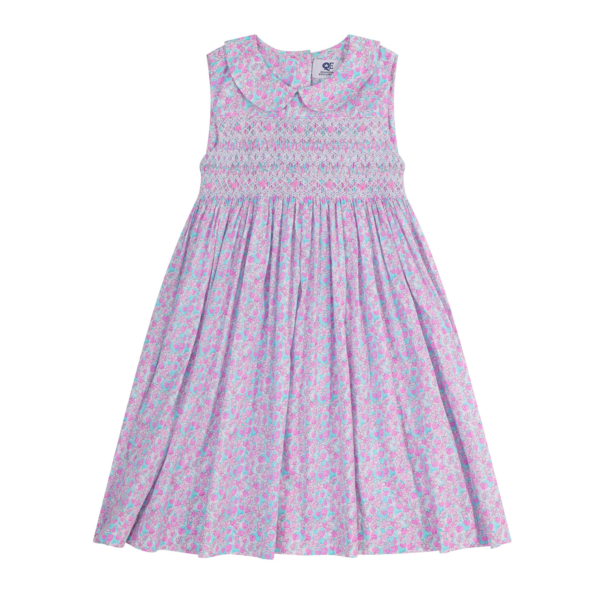 hand smocked dress, pink, strawberry print