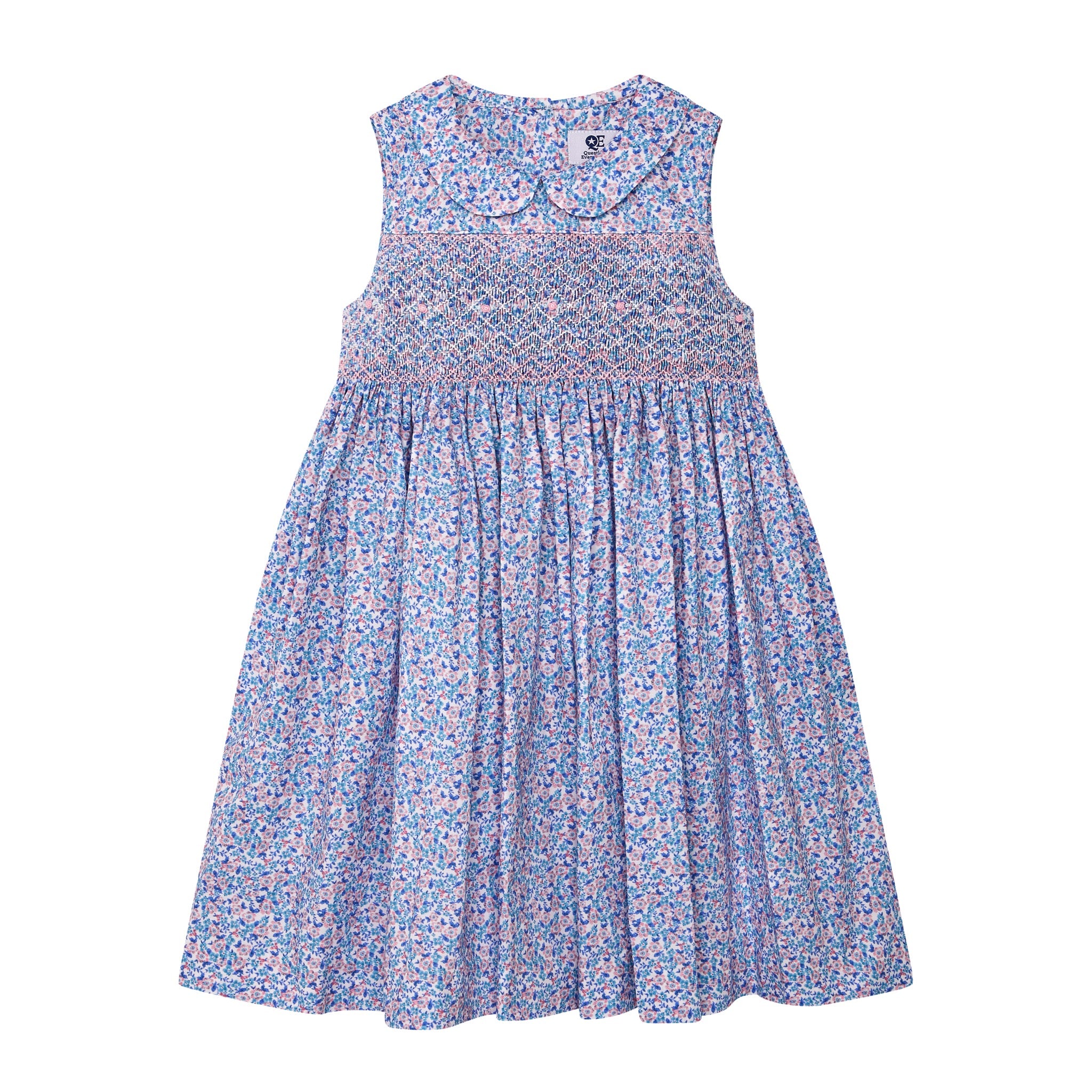blue floral dress, smocked
