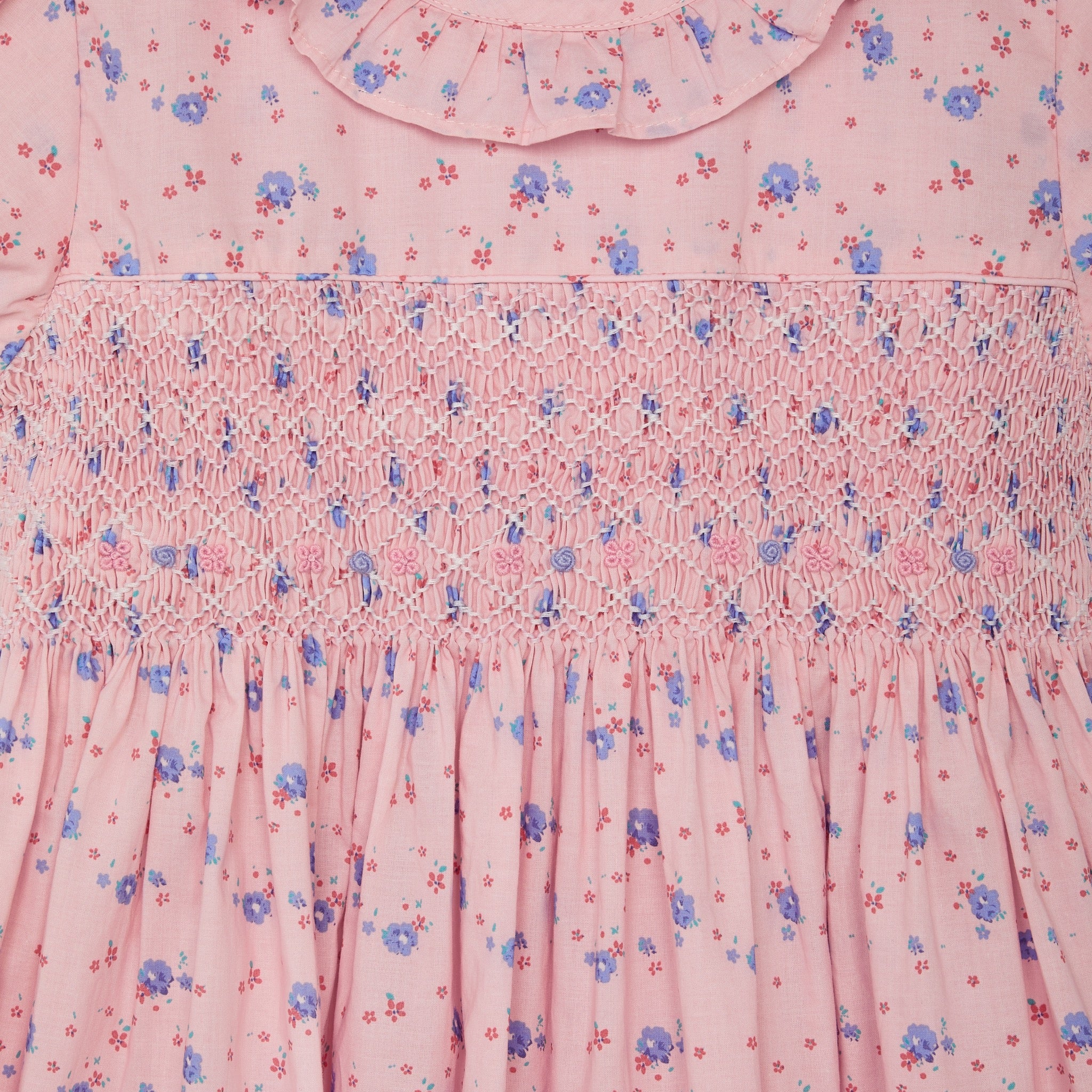 hand-smocked pink summer dress, closeup