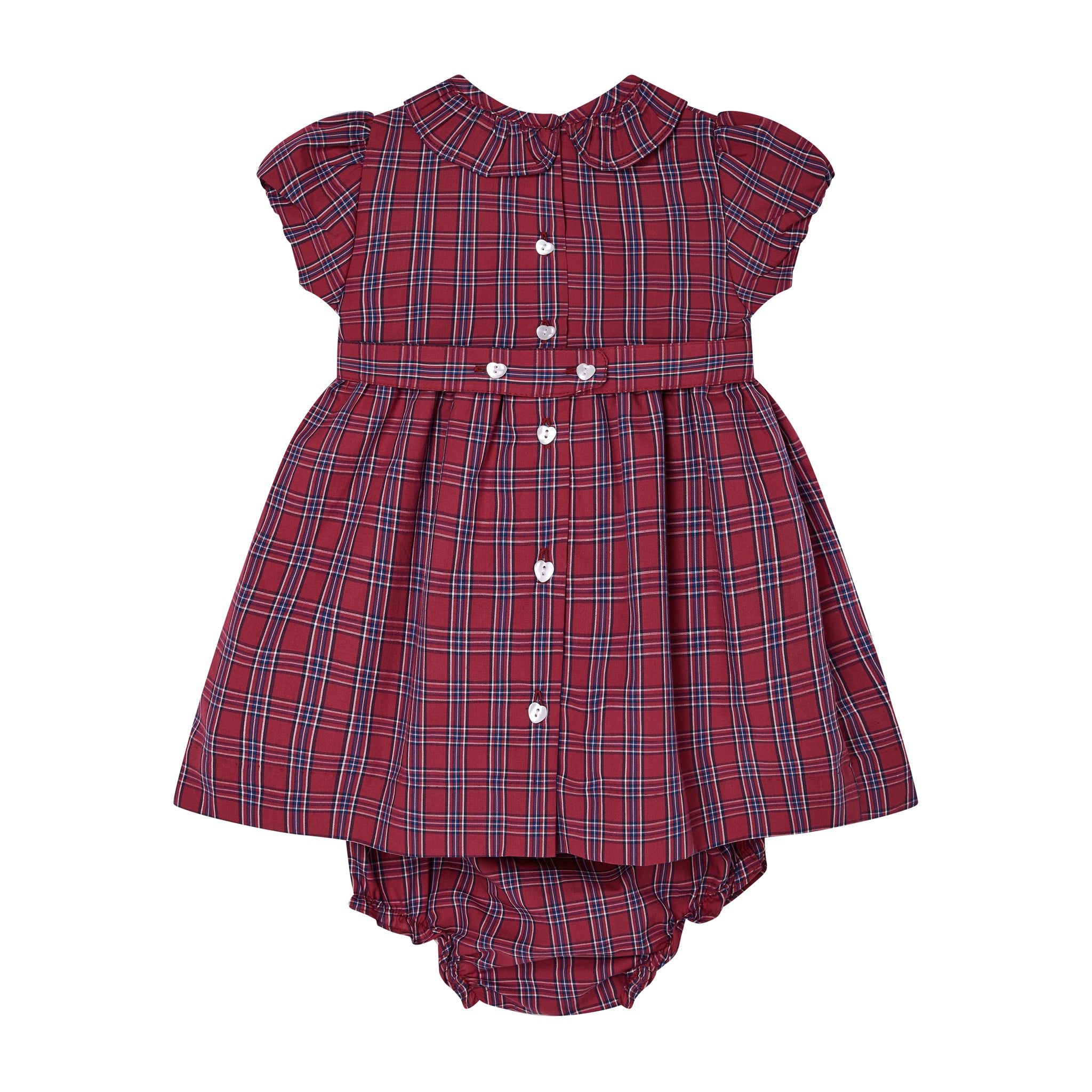 red and navy smocked tartan dress, back
