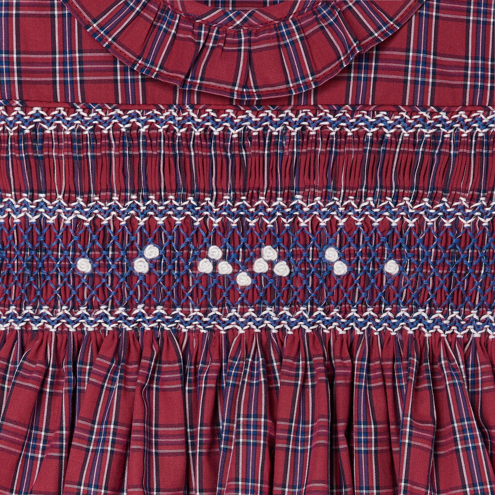 red and navy smocked tartan dress, detail