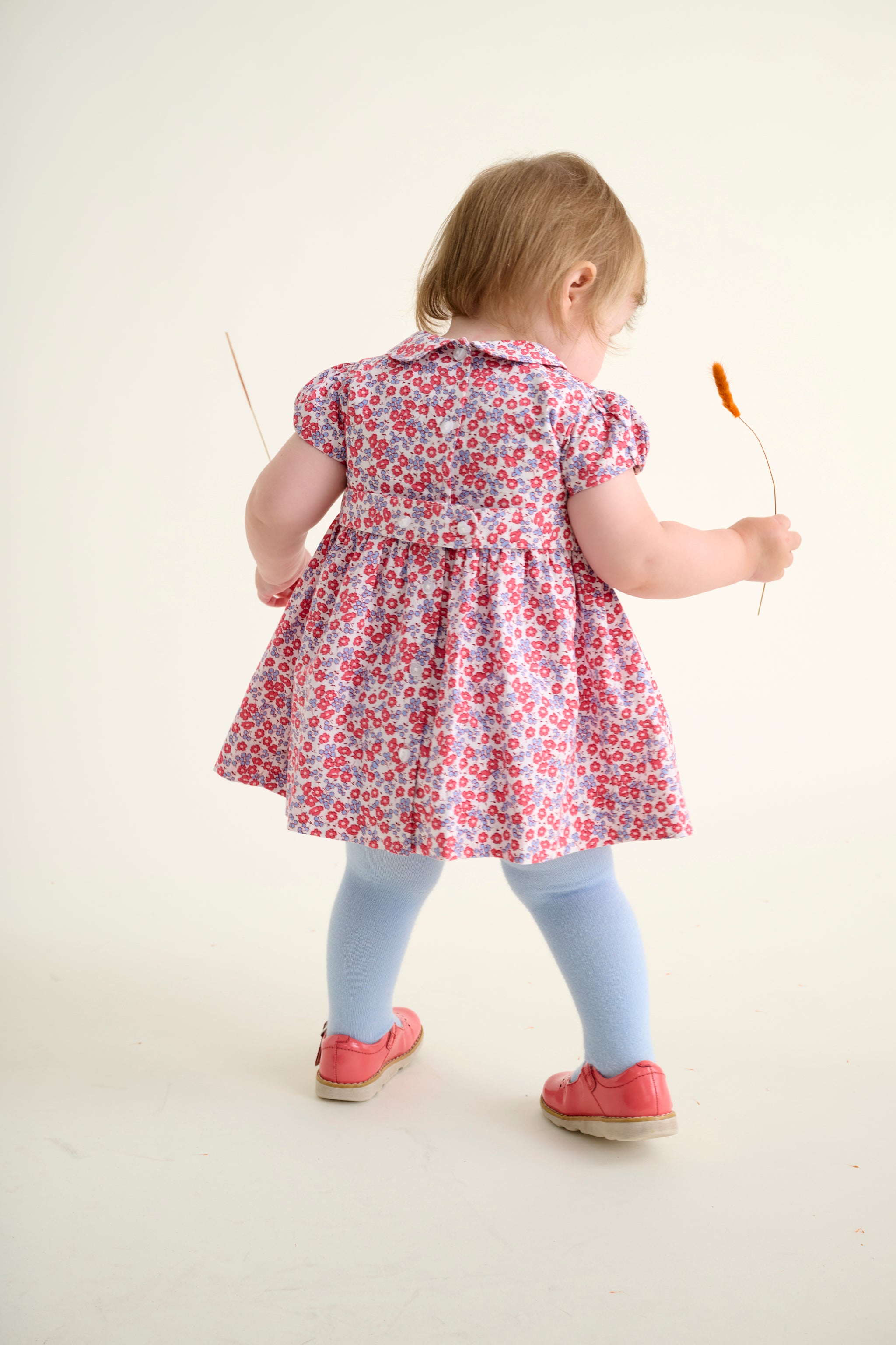 toddler girls wearing a floral dress holding a reed on a plain background