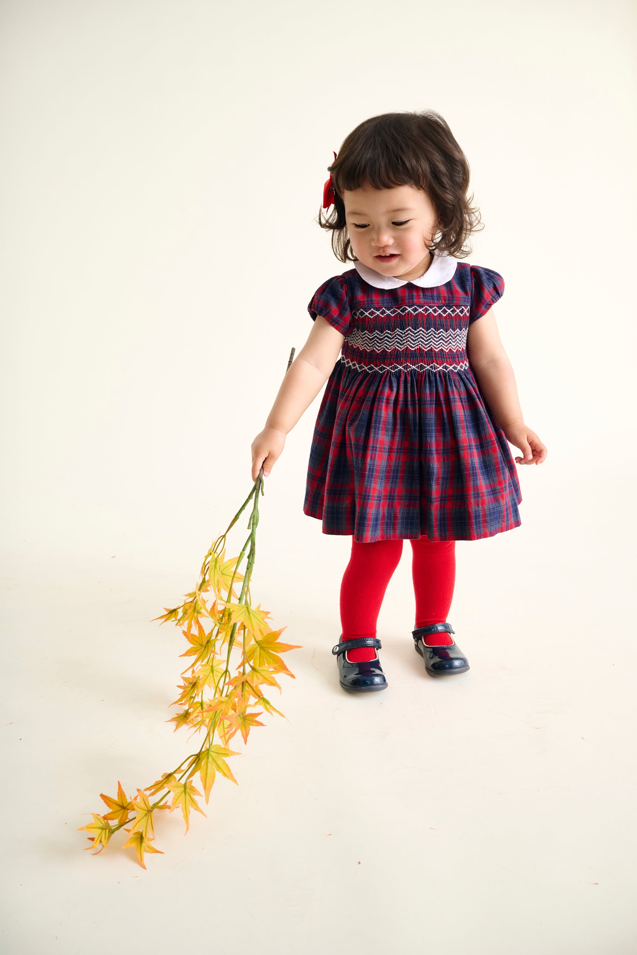 Child in a navy and red tartan dress holding yellow autumn leaves