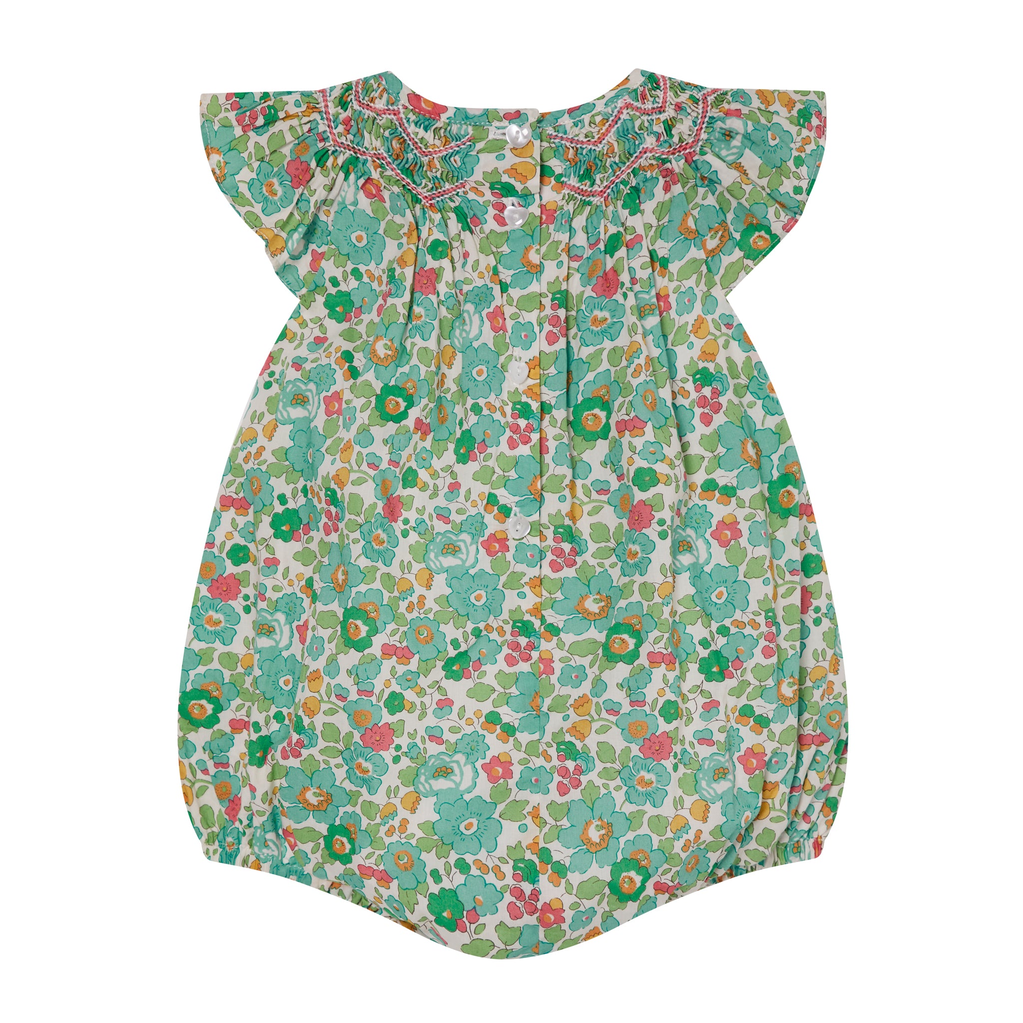Liberty fabric baby romper, Betsy green, back