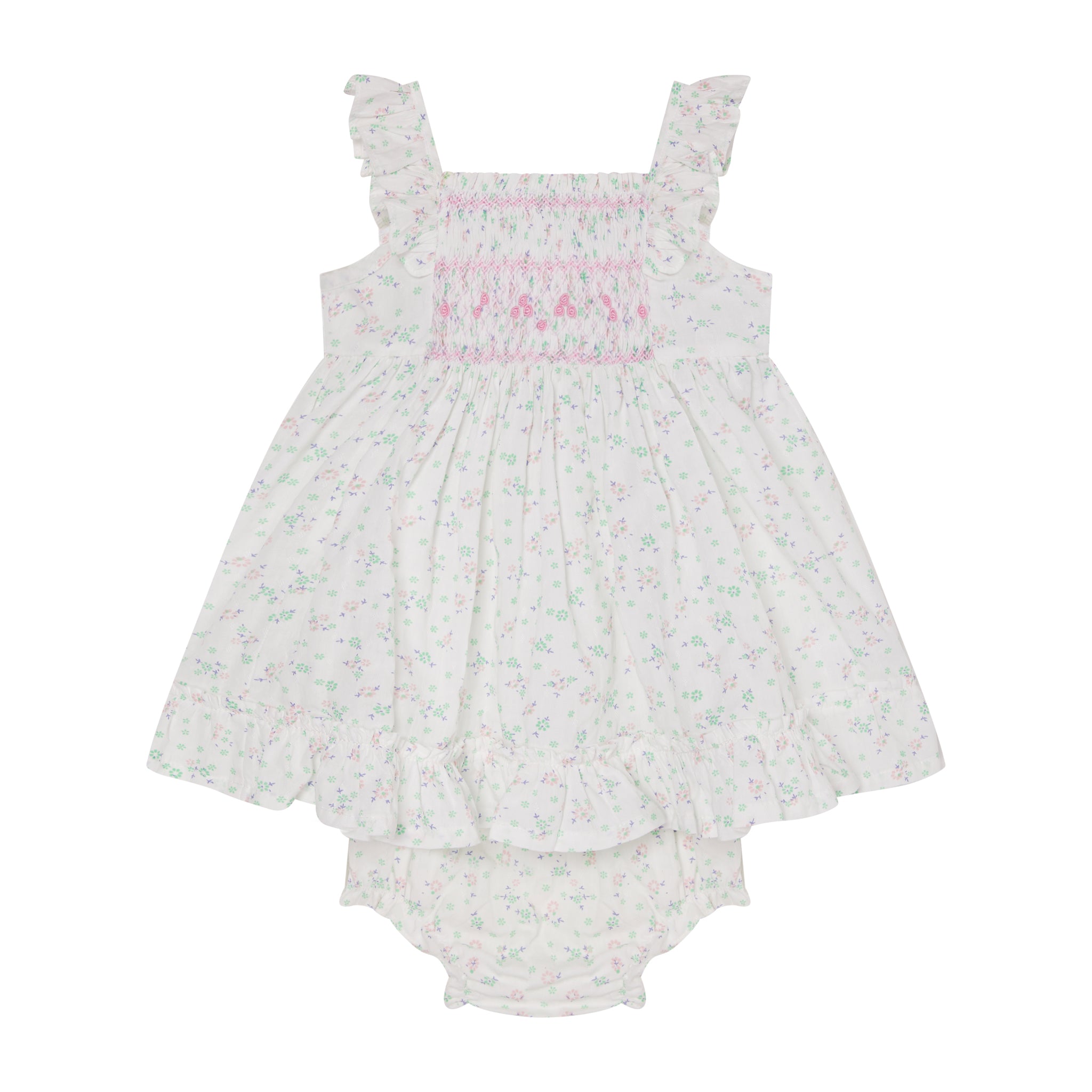 crisp white loral baby dress with smocking, front