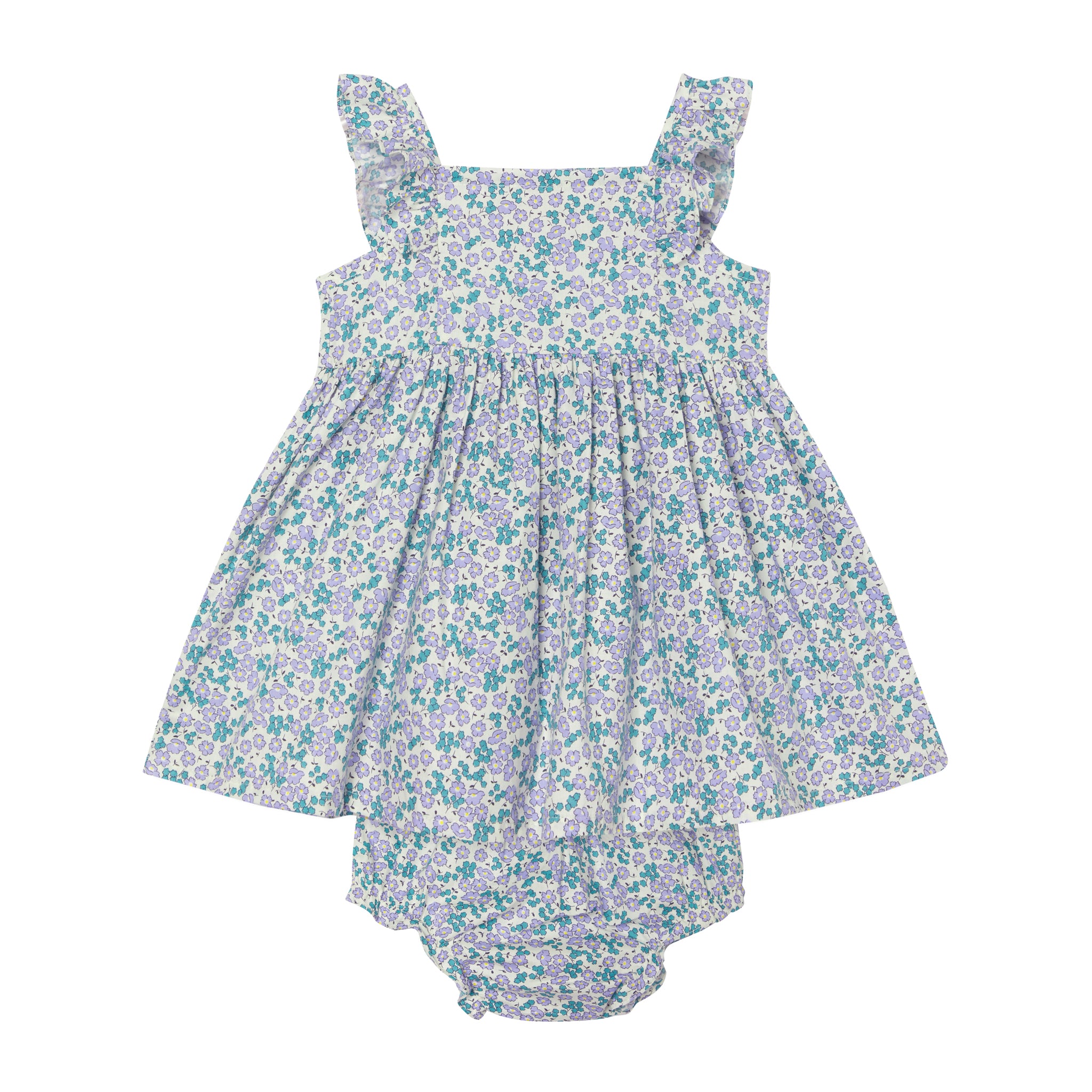 white and lilac baby sundress with bloomers, floral, back