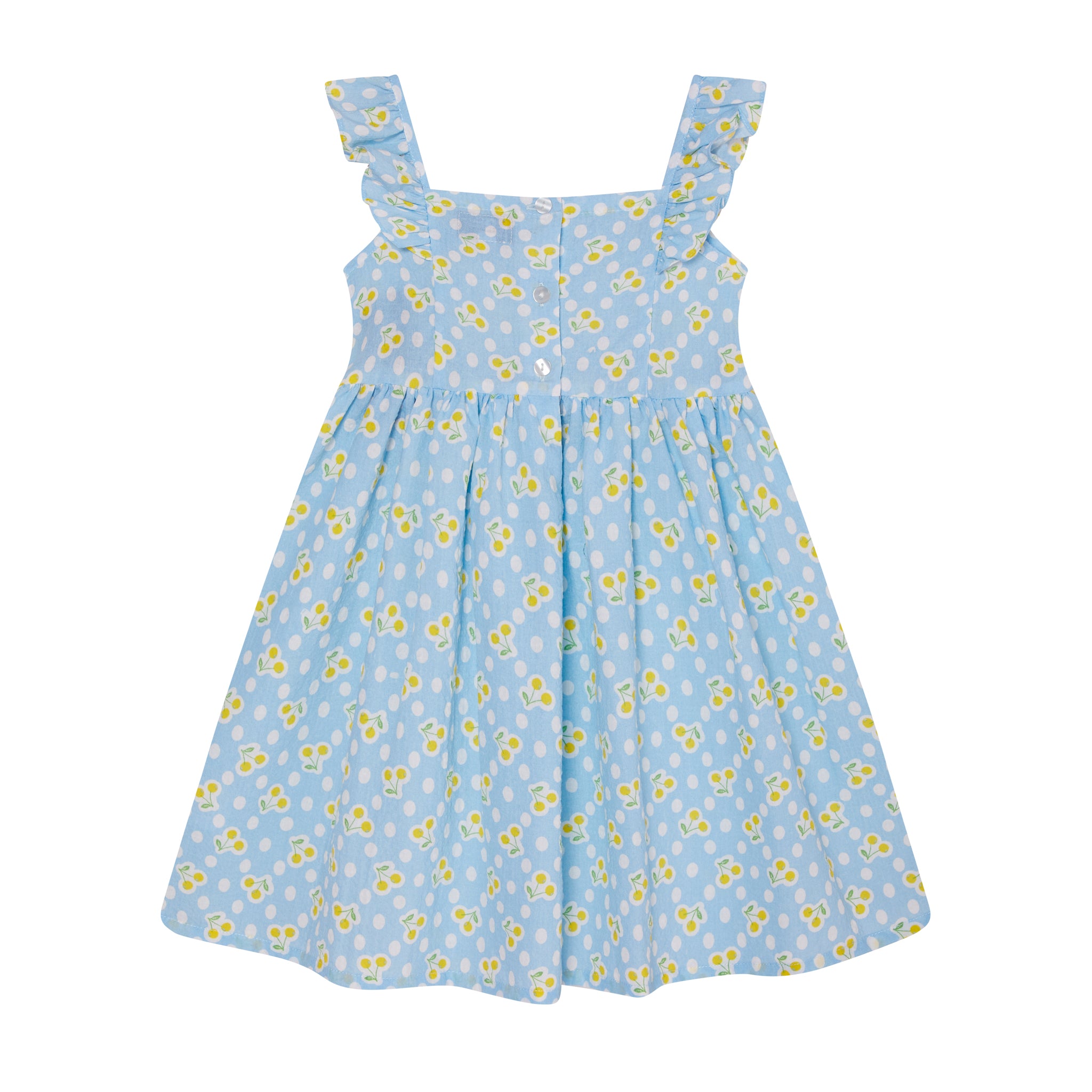 girls baby blue and yellow cherry print sundress, cotton, back