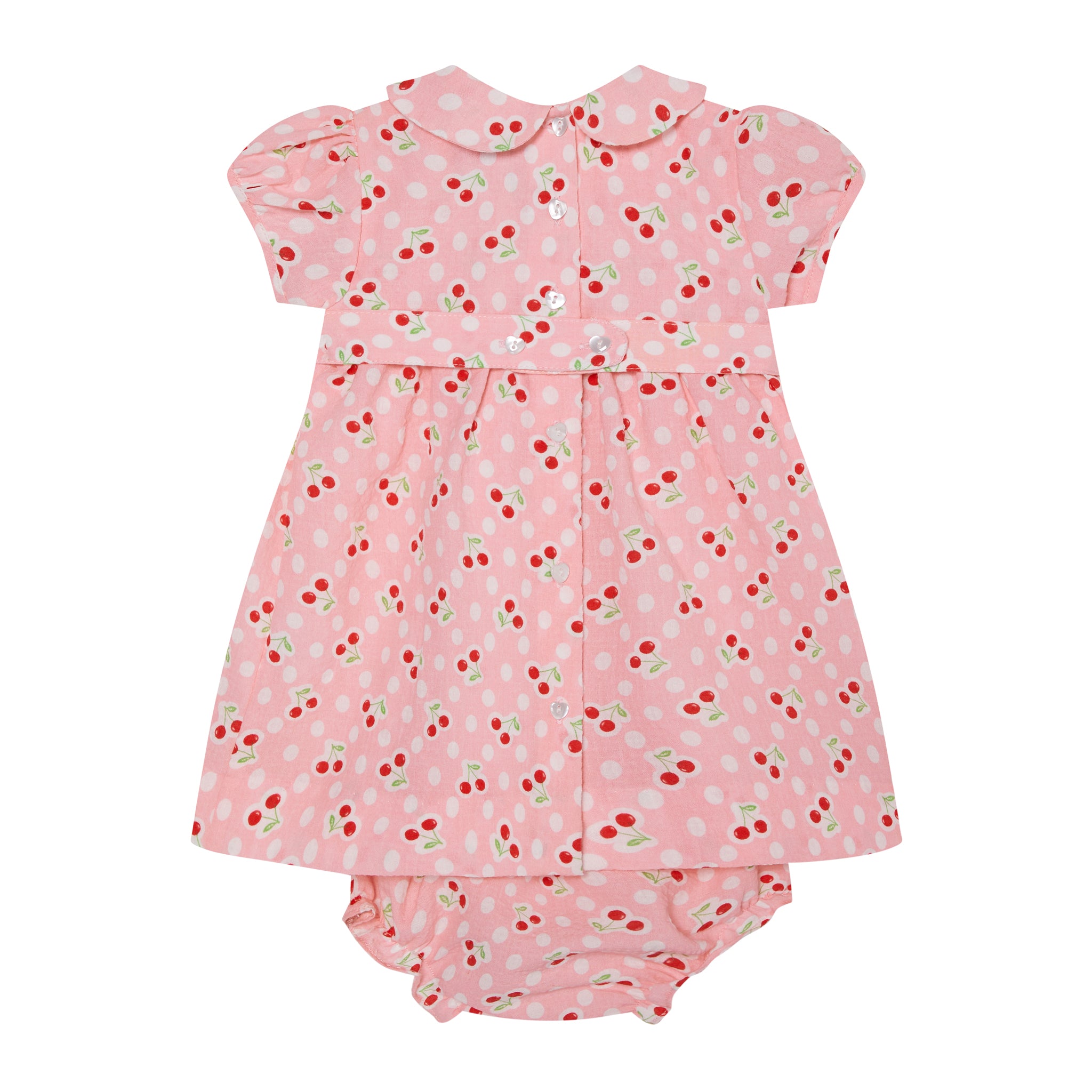 pink cherry print smocked baby dress with bloomer, back