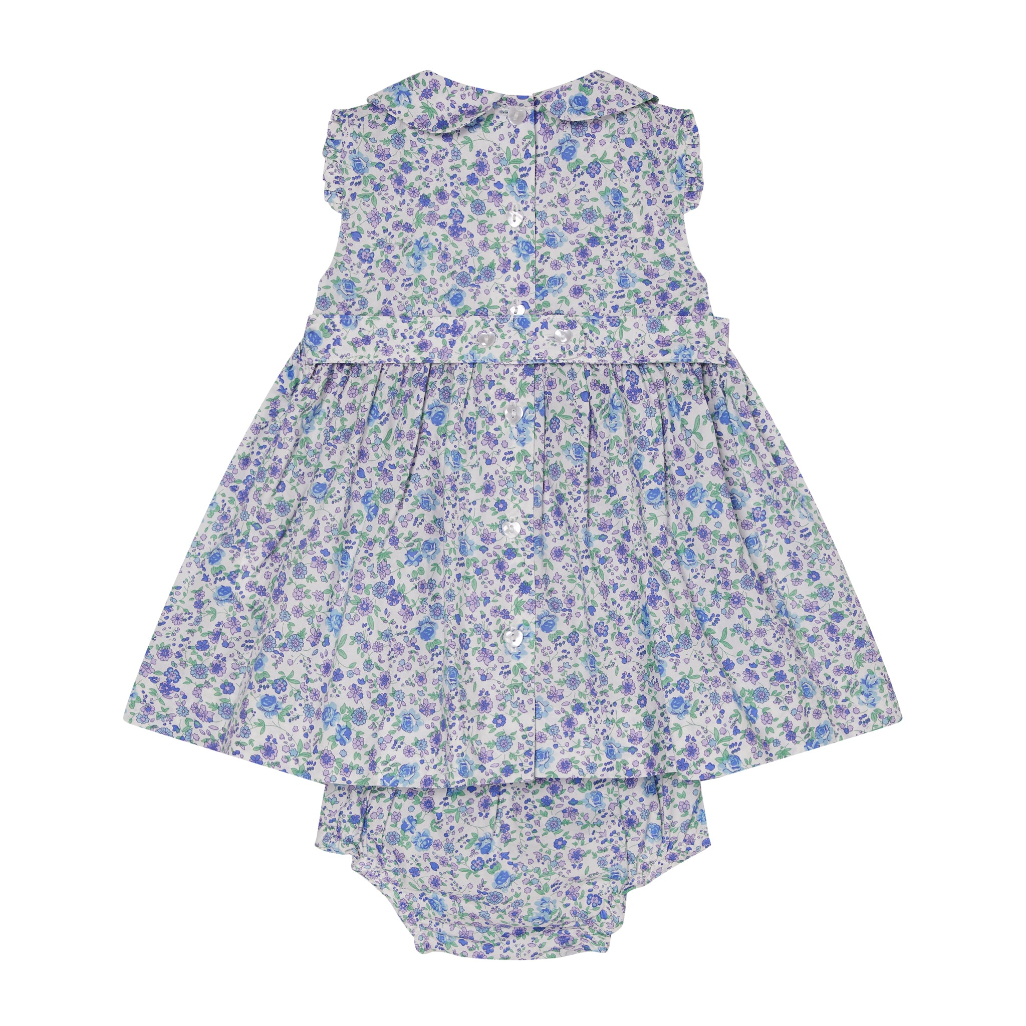 lilac floral baby dress with bloomers made from soft cotton, back