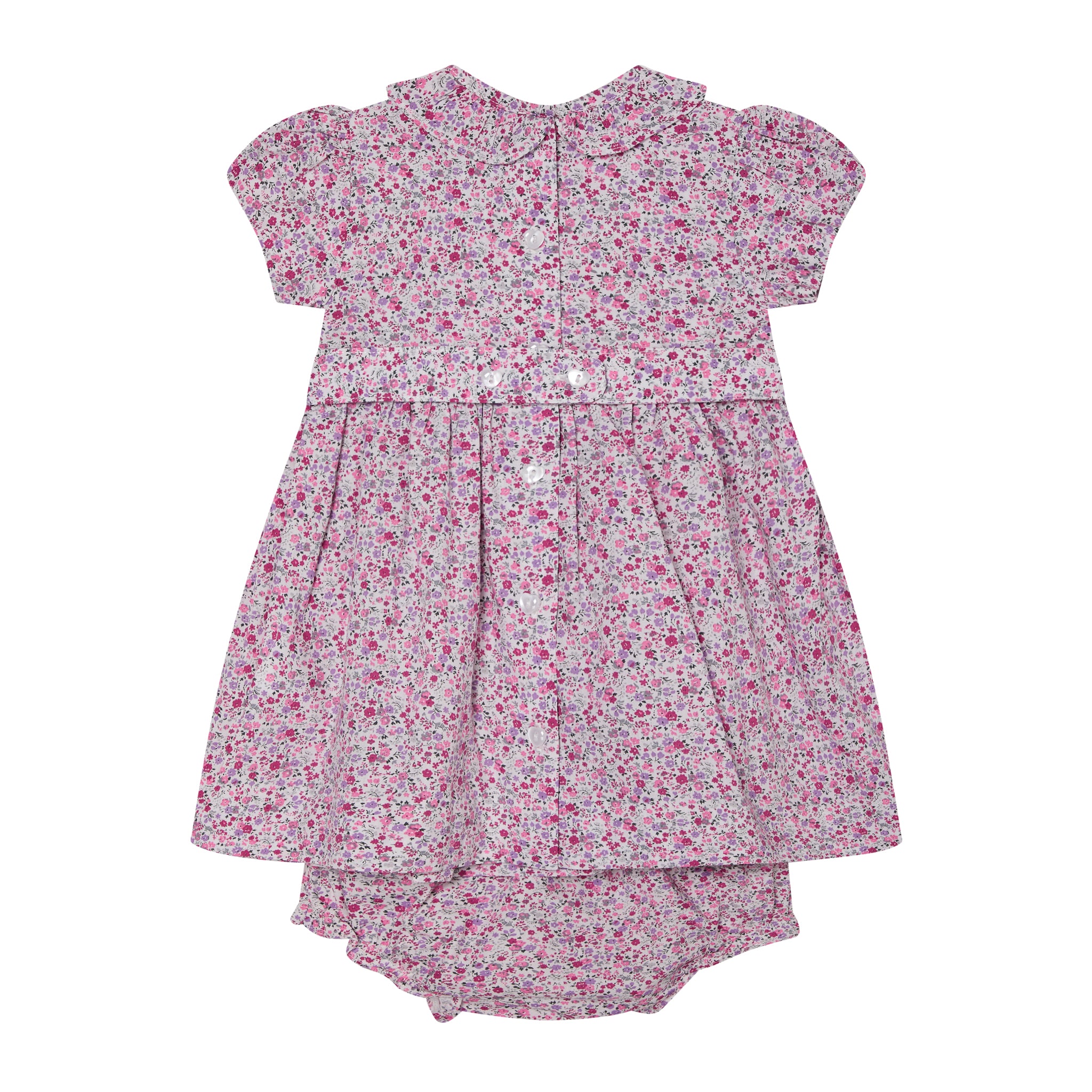 smocked pink ditsy floral baby dress with bloomers, back