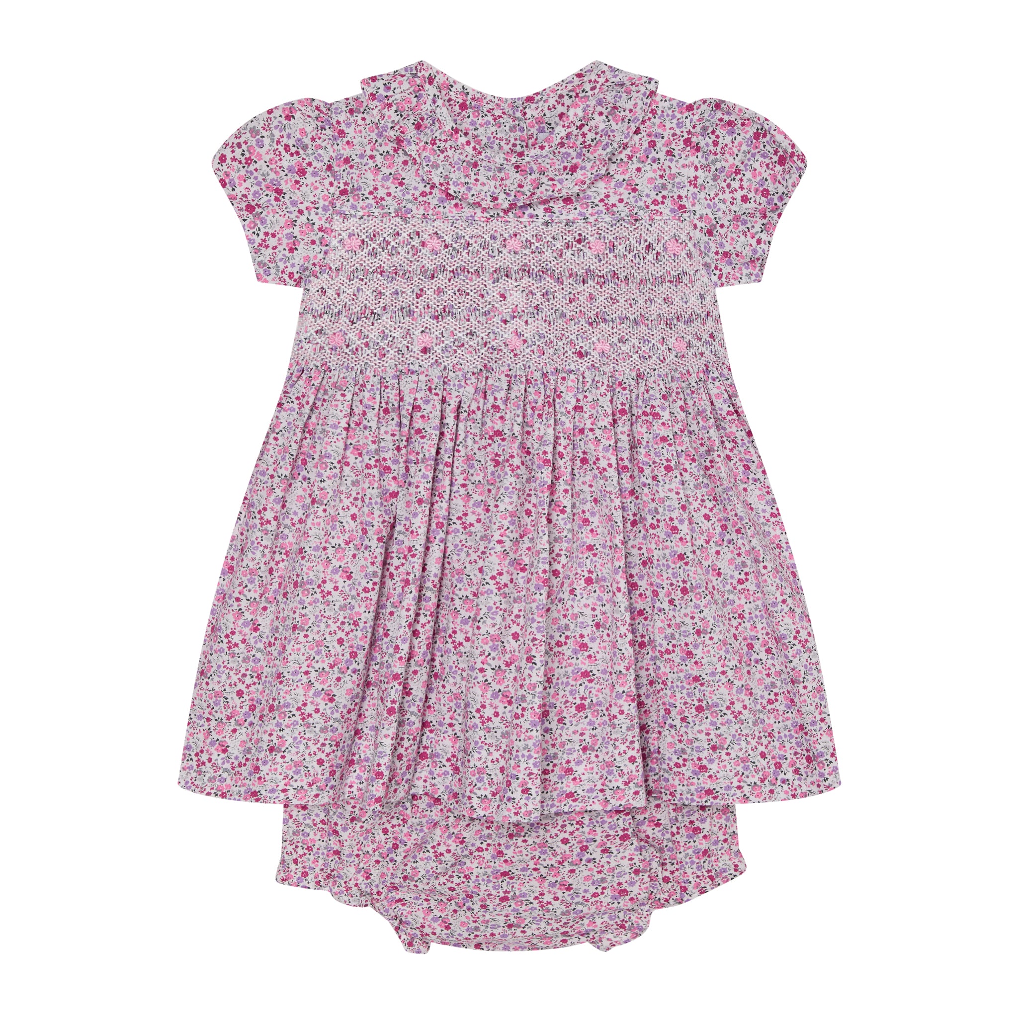 pink ditsy floral baby dress with bloomers, front