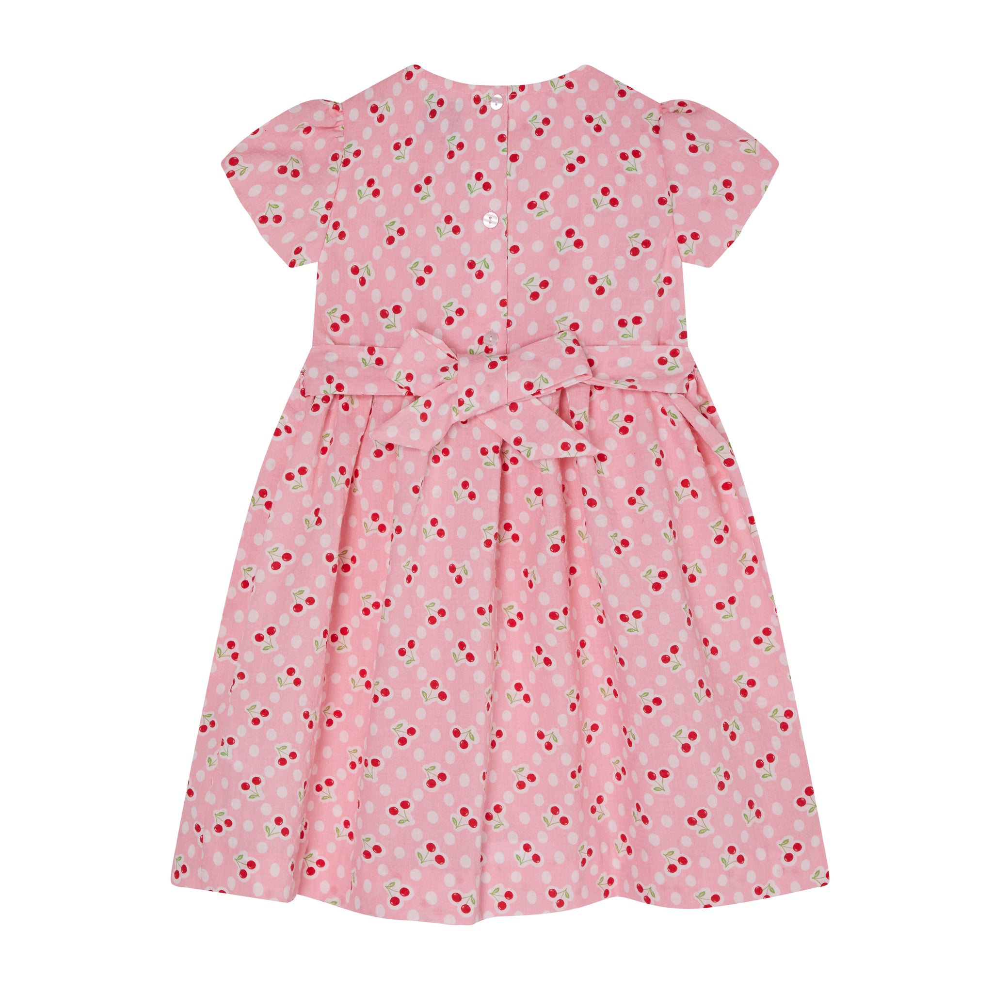 pink cherry print and polka dot dress, front
