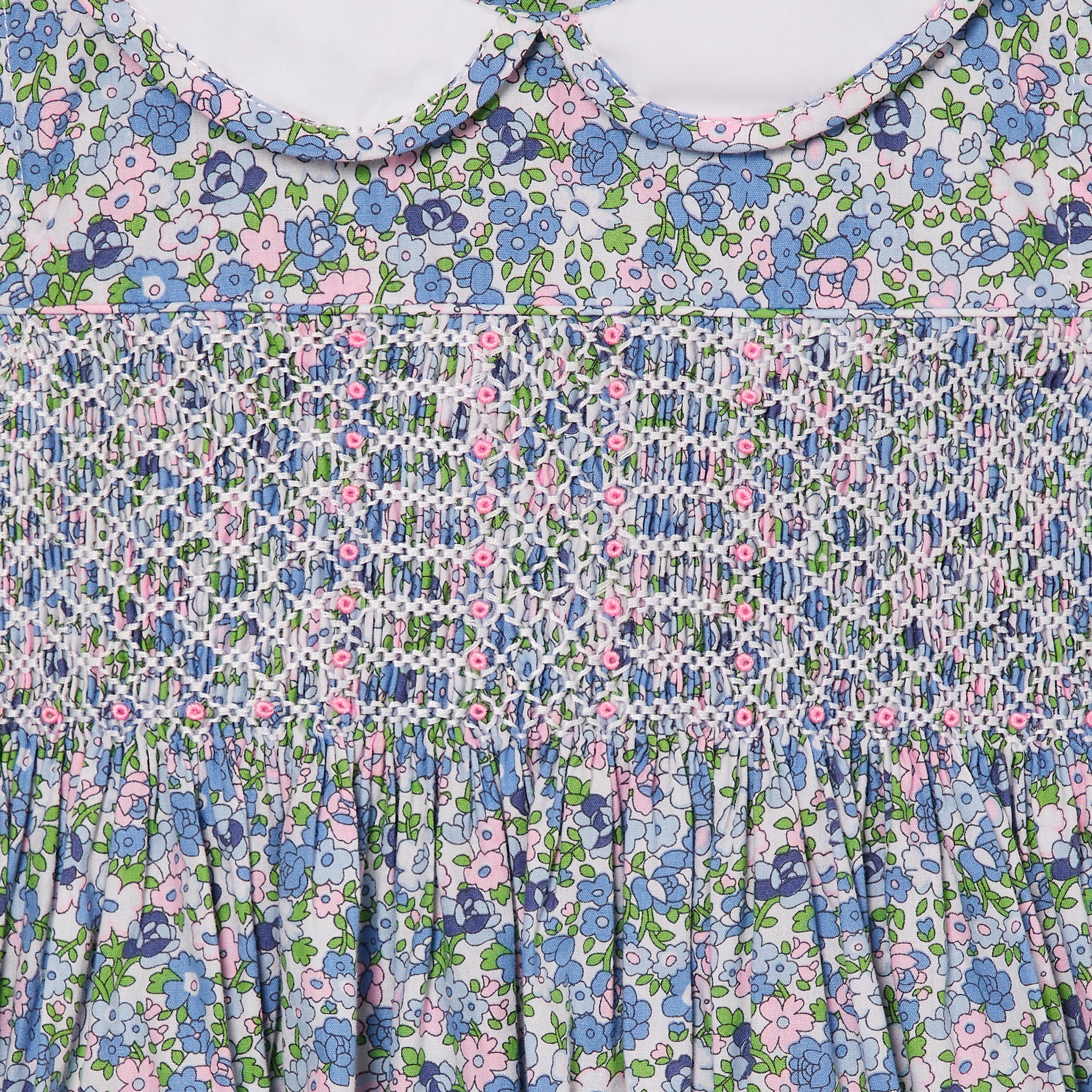 floral girls dress with hand-smocking, smcoking detail