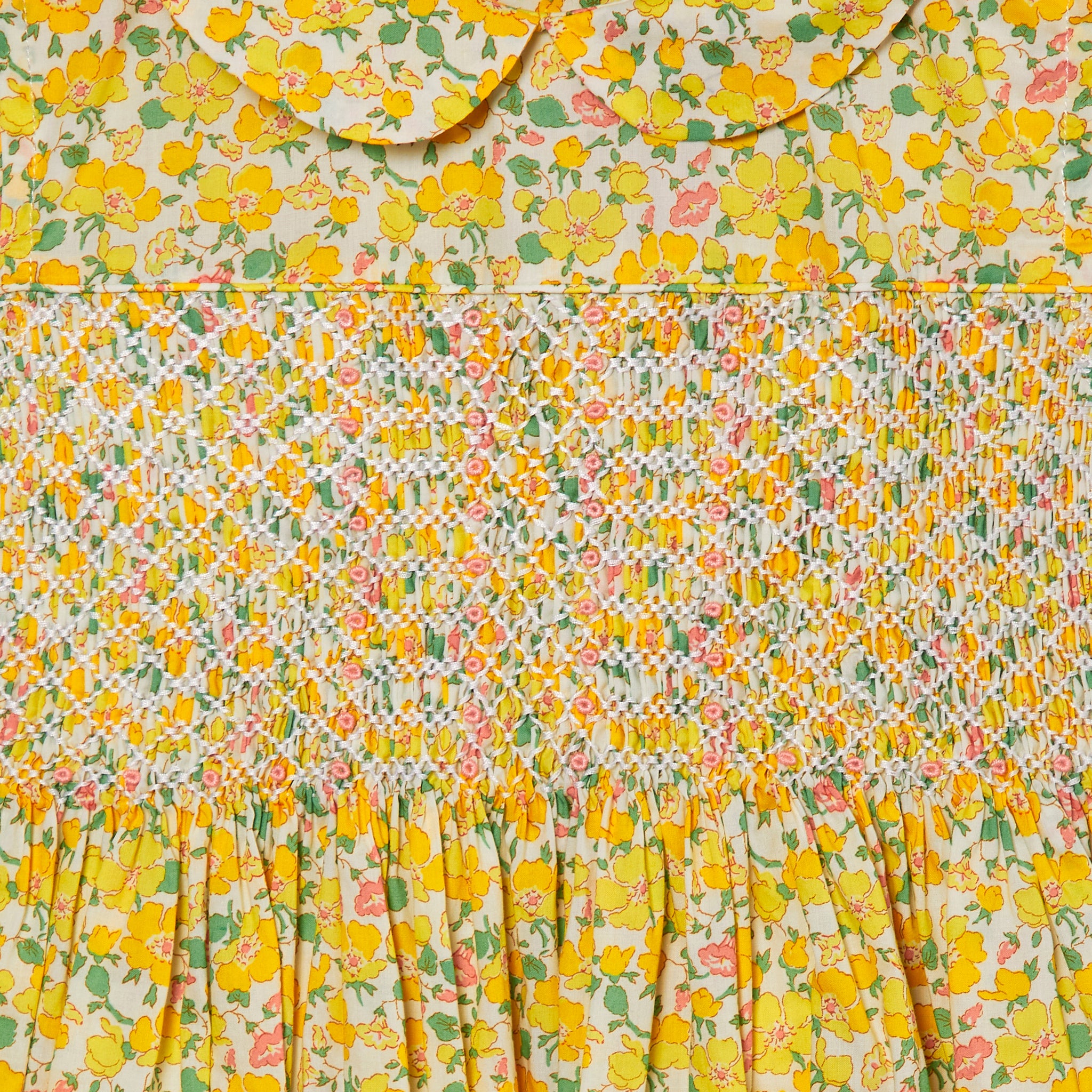 yellow floral dress made from Liberty fabric, hand-smcoked, detail