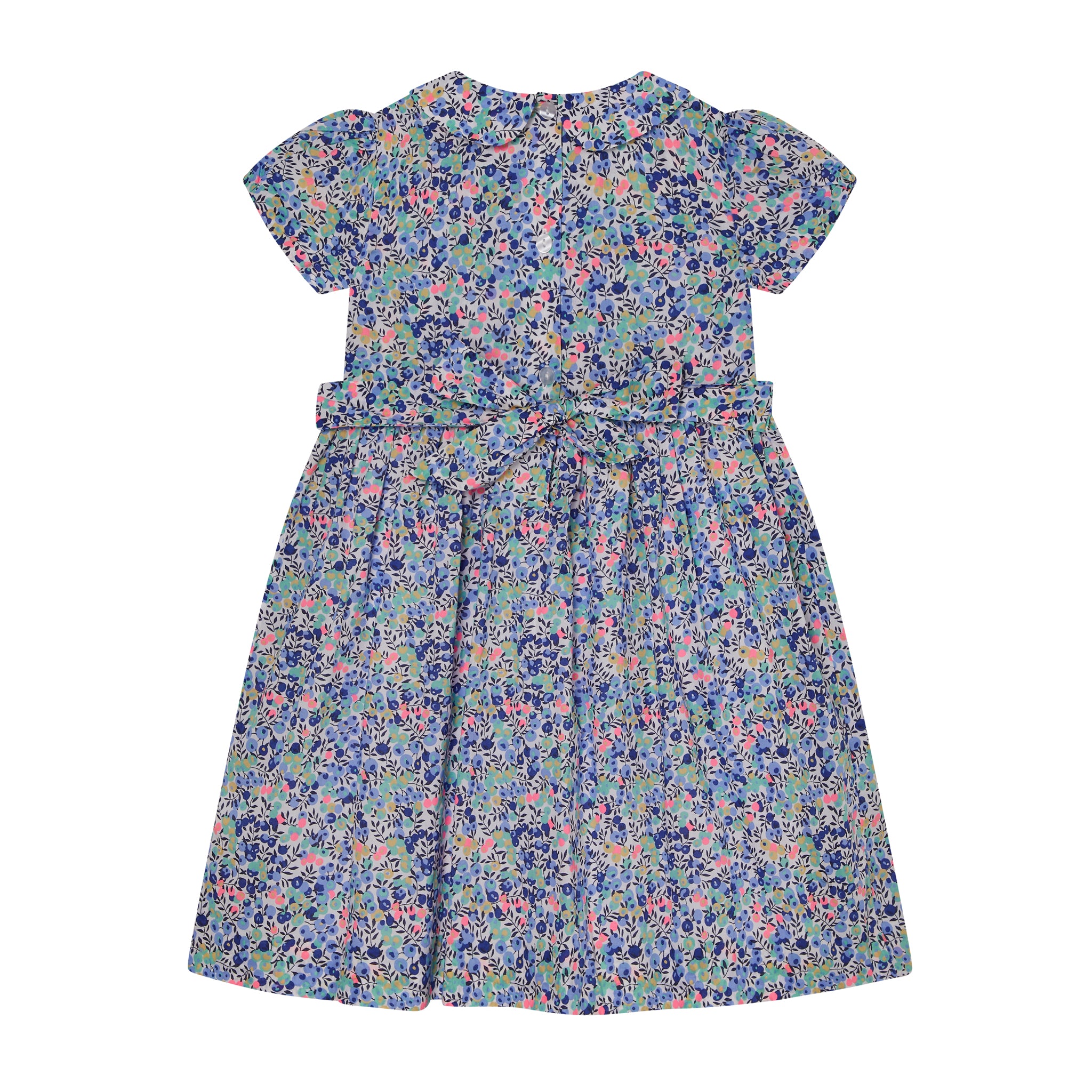 Hand-smocked girls dress made from Liberty fabric, blue floral, back
