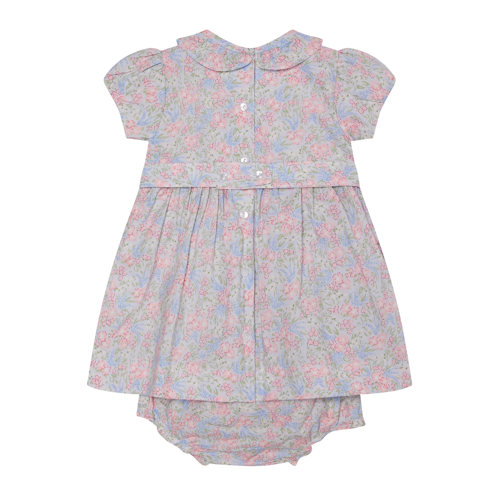 pastel floral hand-smocked baby dress with bloomers, front