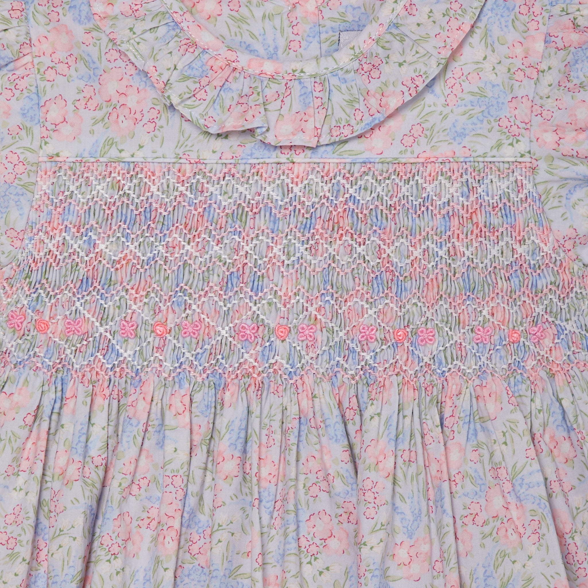 pastel floral hand-smocked baby dress with bloomers, detail