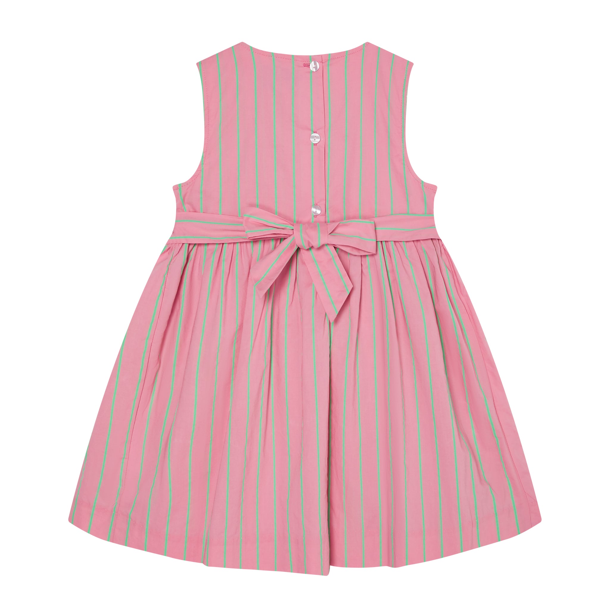 bright pink girls dress with neon green pinstripe, back