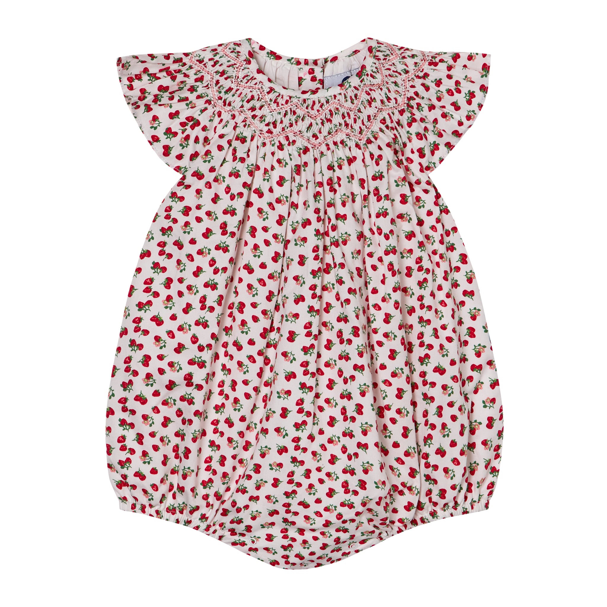 Baby romper with strawberry pattern and smocking