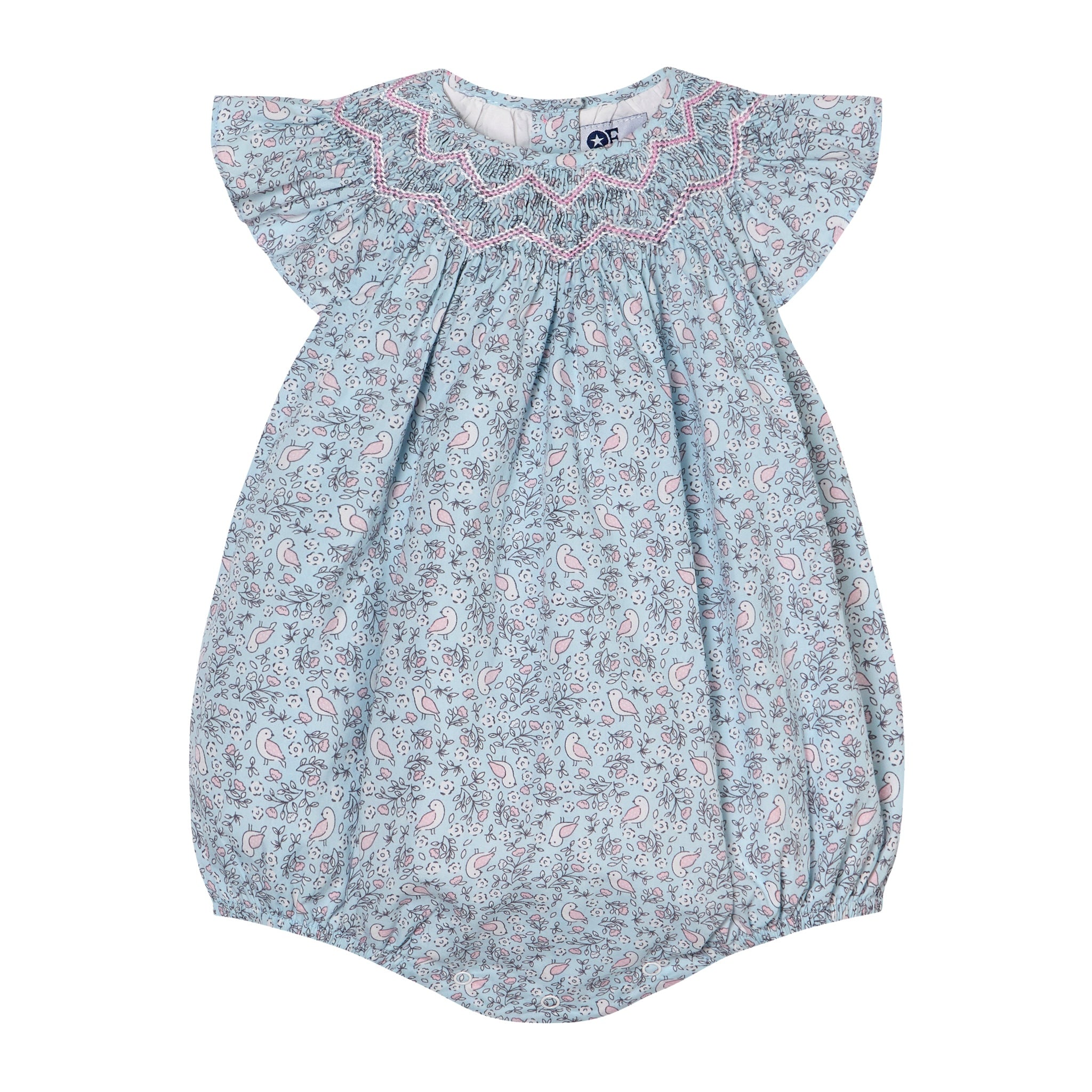Baby romper with bird pattern on a white background