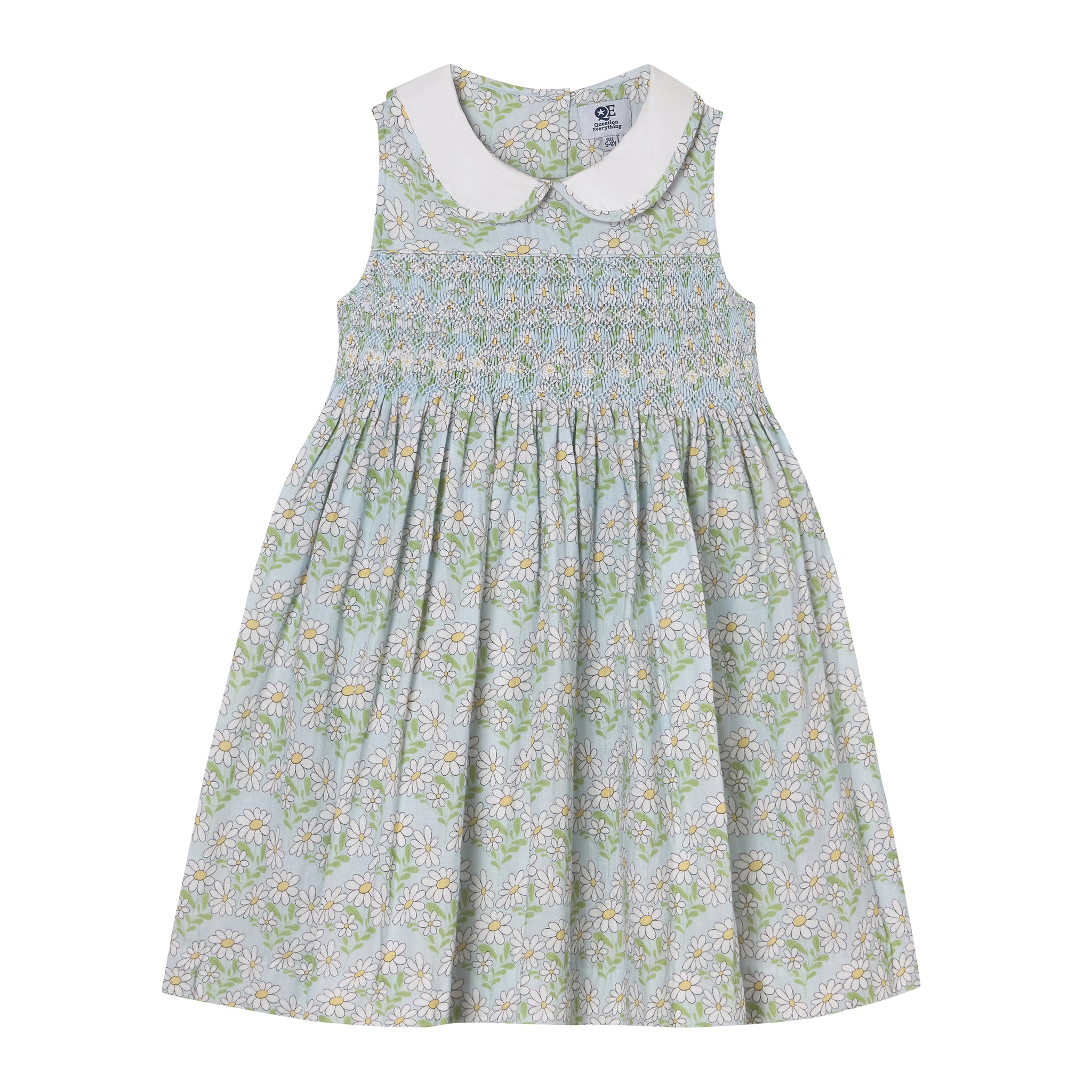 Floral hand-smocked girls dress with a white collar and daisy embroidery