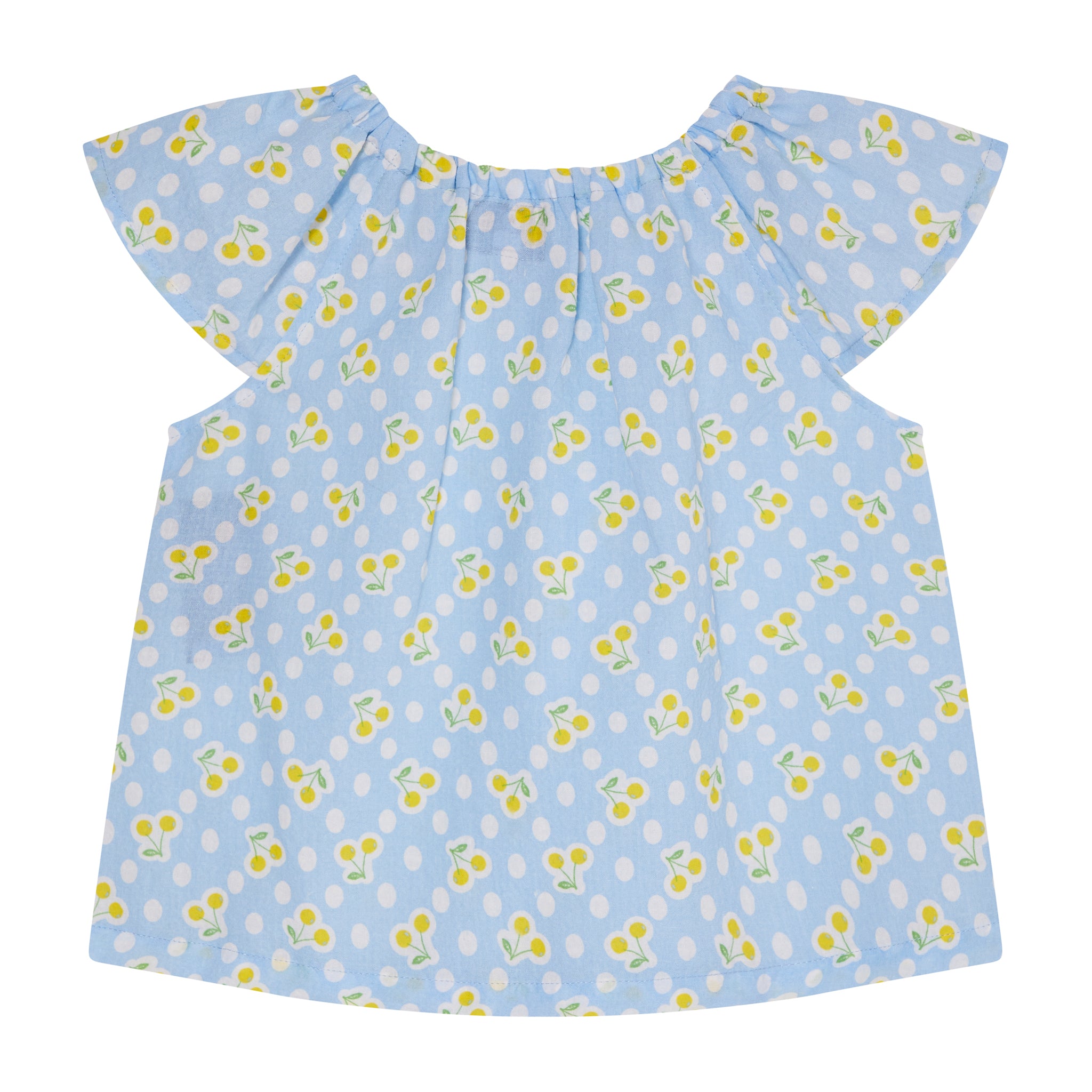 girls summer blouse, blue with cherry print