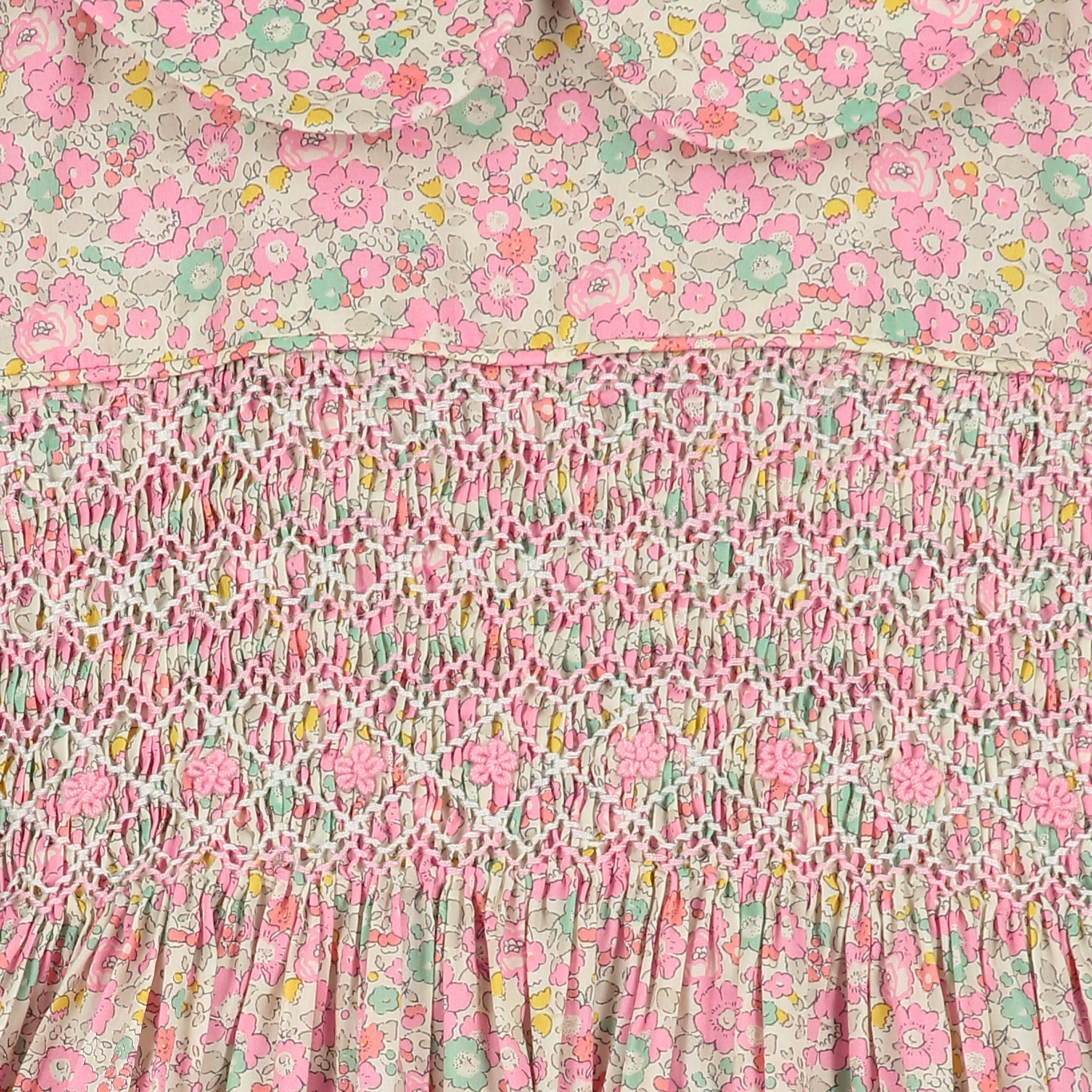 floral Liberty print, hand-smocked girls dress, smocking detail