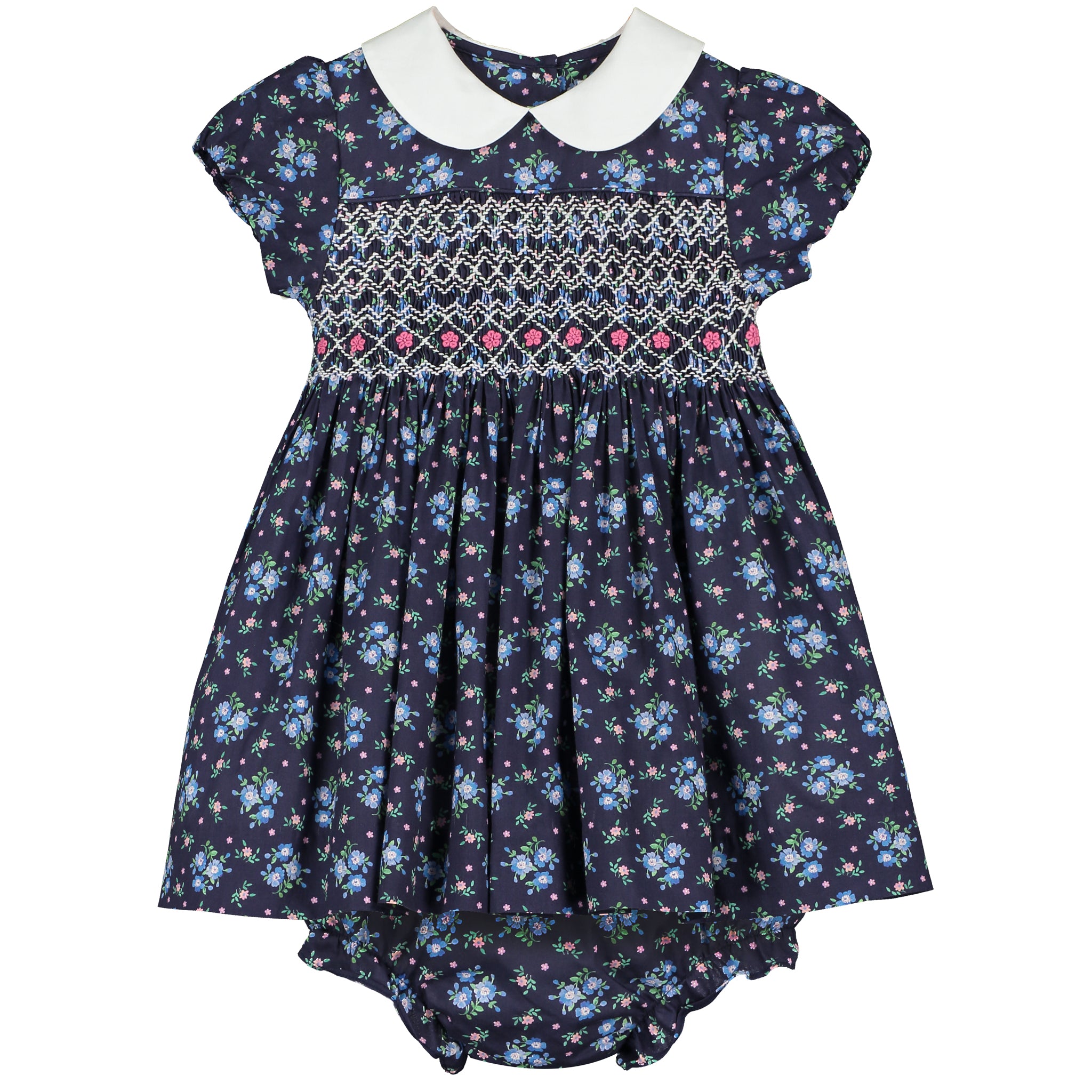 navy baby dress made from Liberty print fabric, hand-amocked