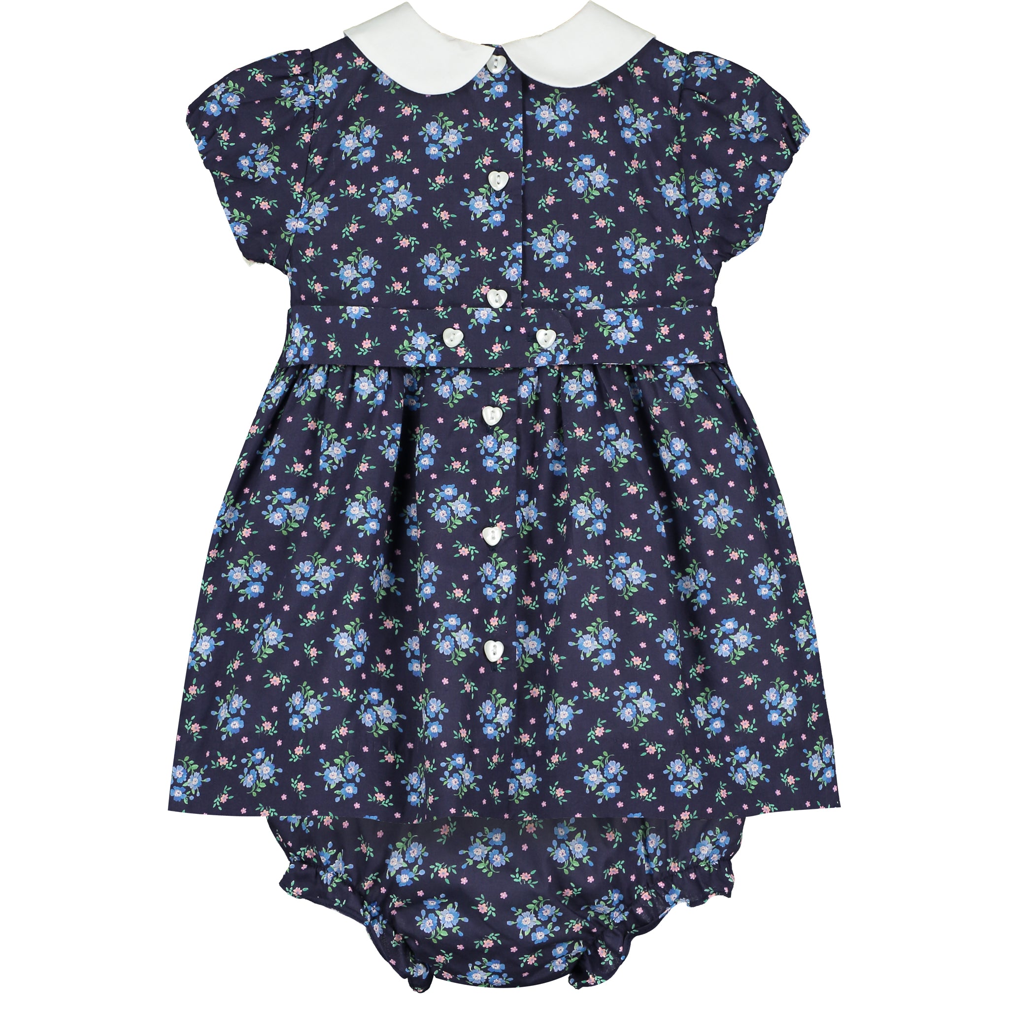 navy Liberty print faric baby dress, smocked, back