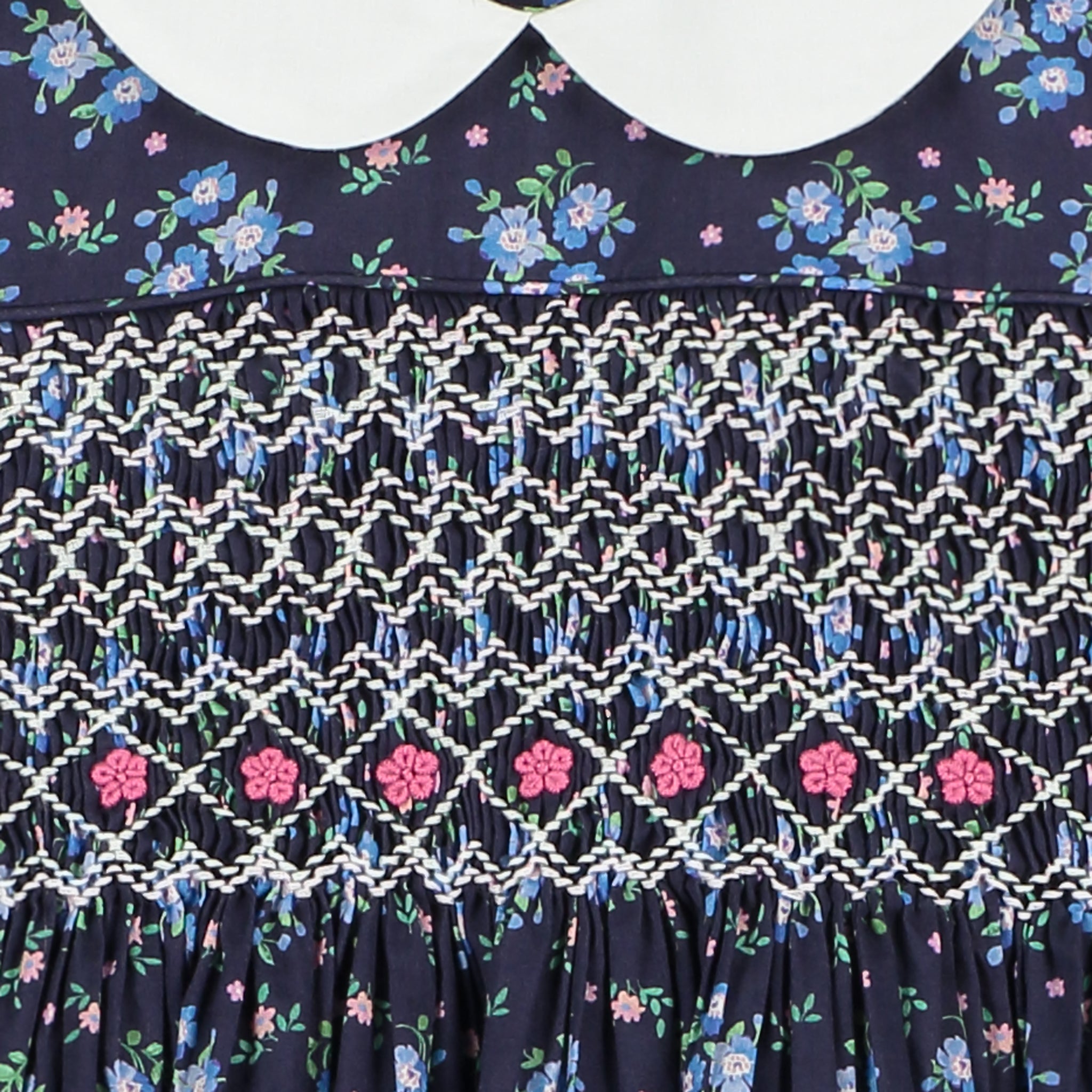 smocking close up Liberty print baby dress
