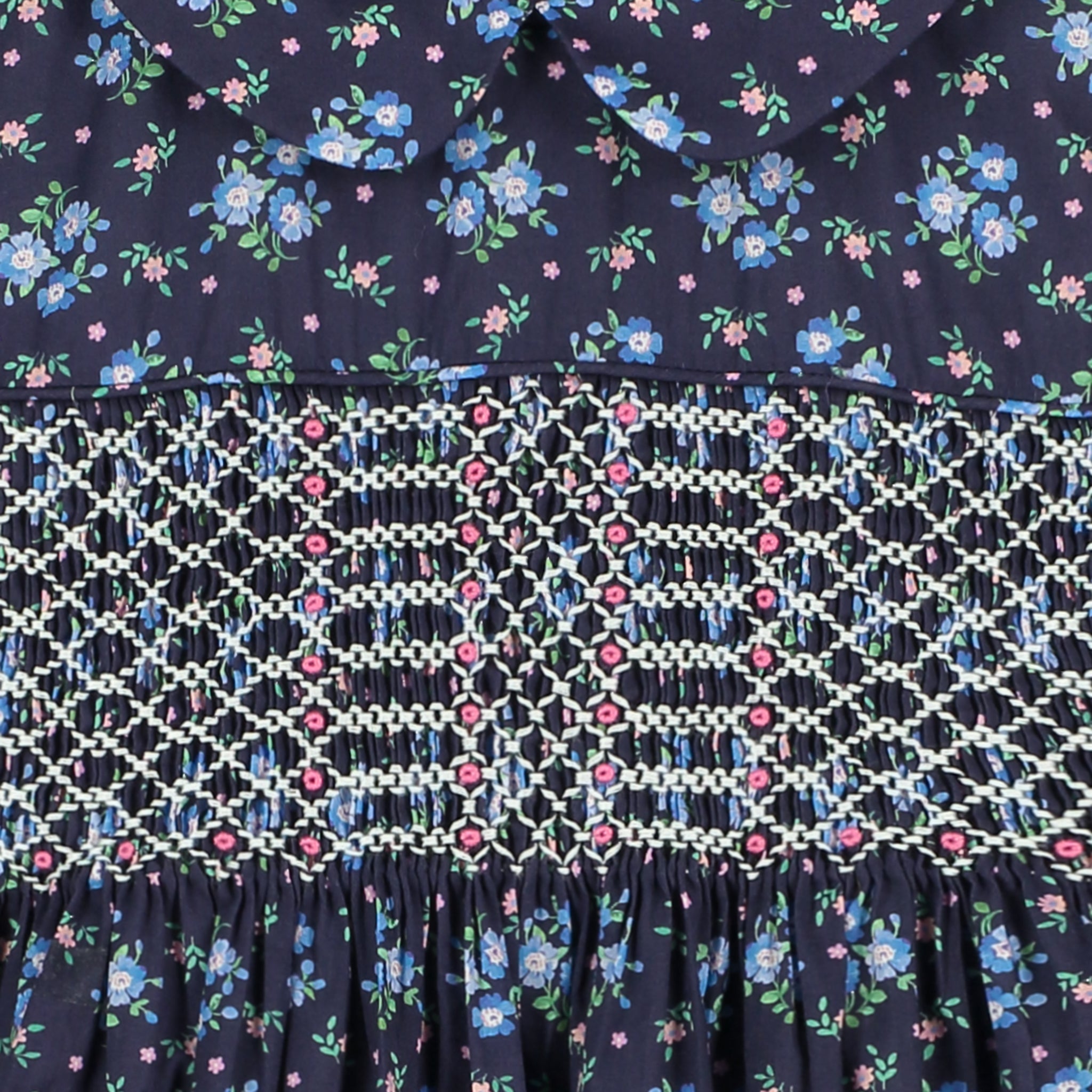 hand-smocked Liberty print dress, smocking close-up