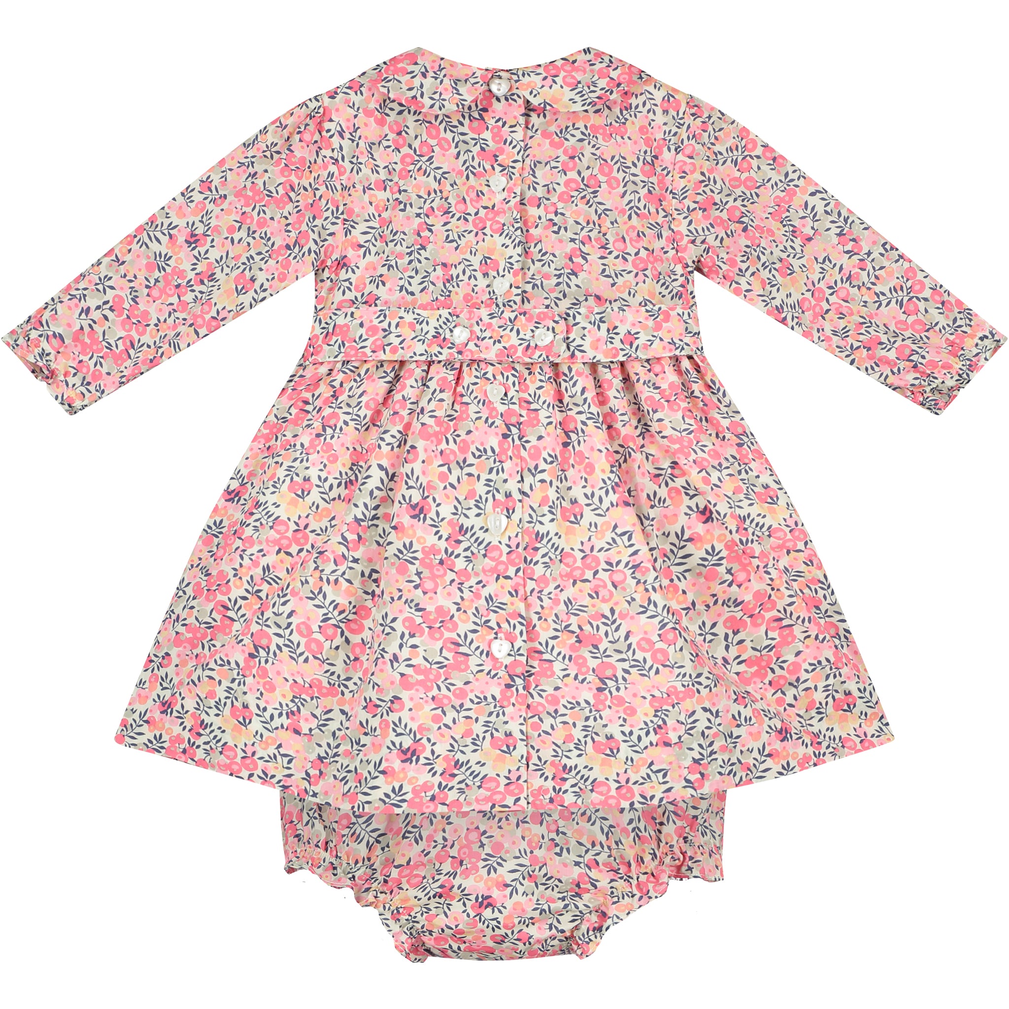 long sleeve Liberty print baby dress, hand-smocked, back