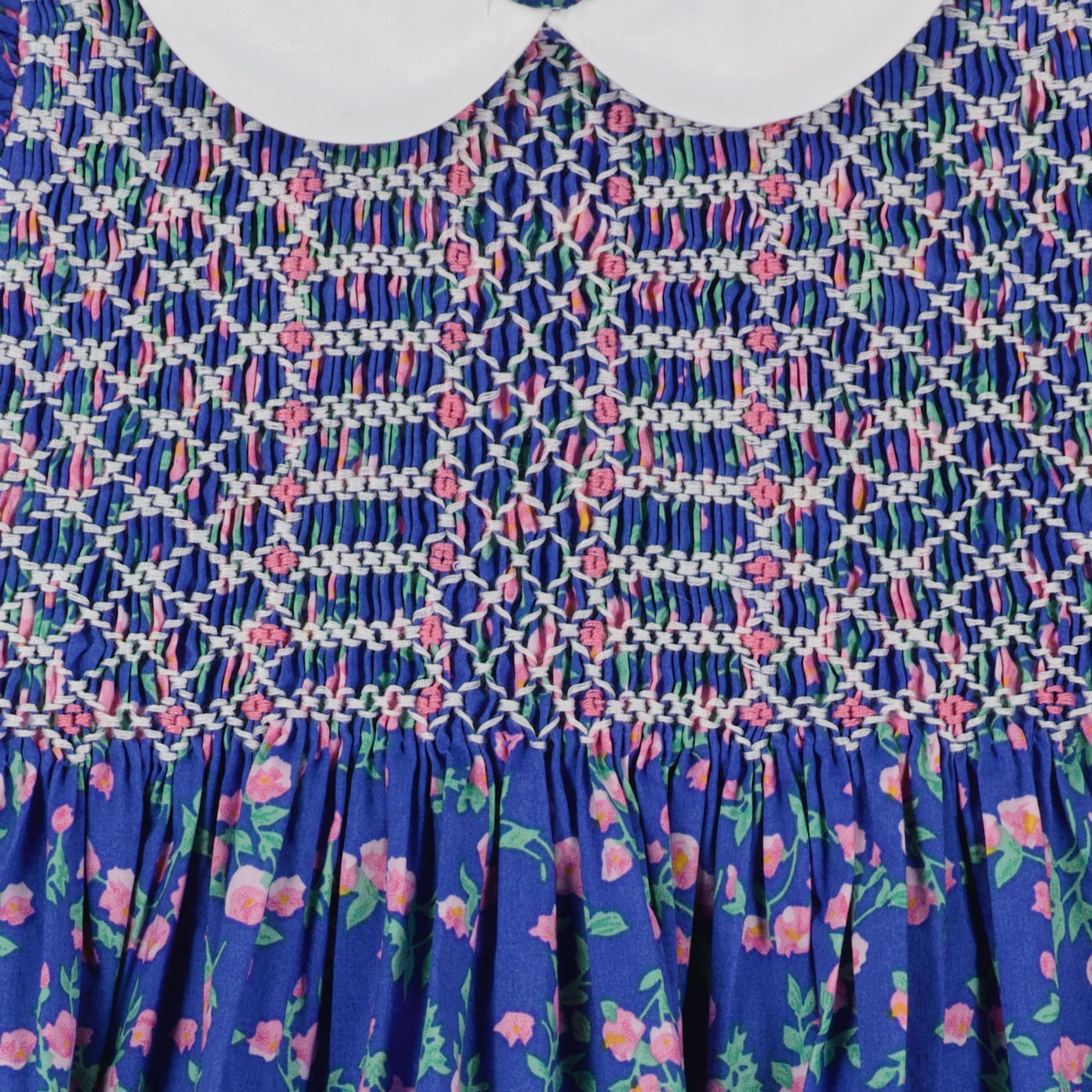 blue floral baby dress, close up