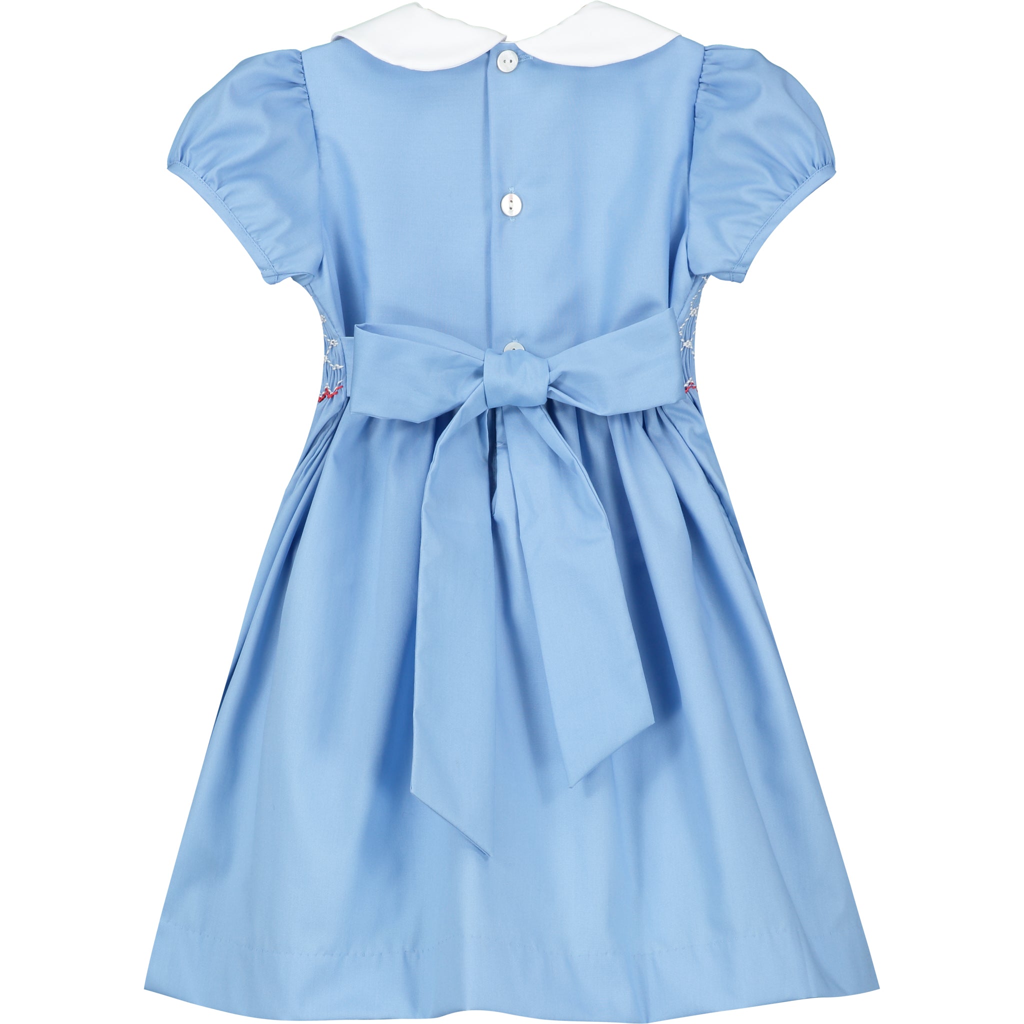 back of blue girls dress with bow 