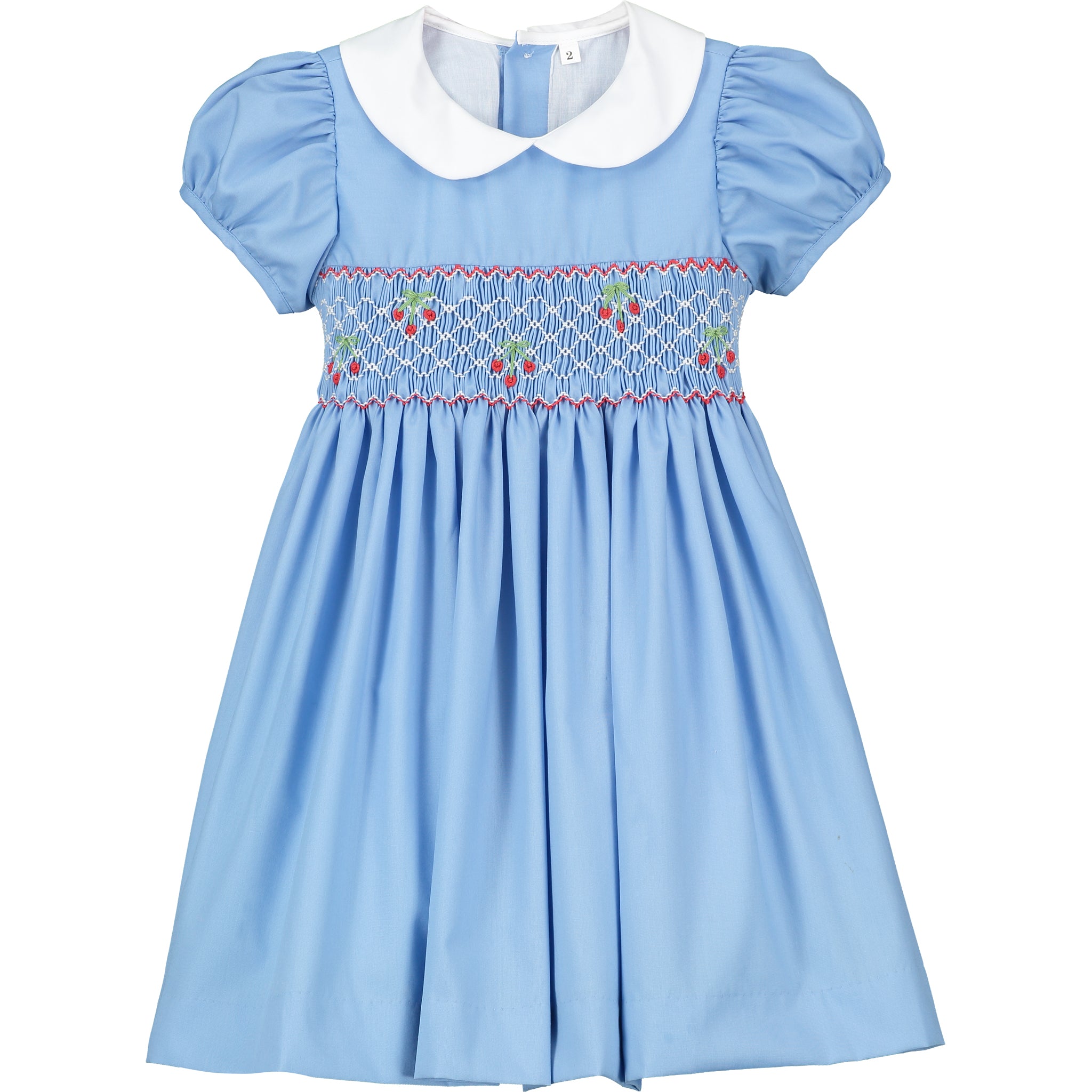 blue smocked dress with white collar, front .
